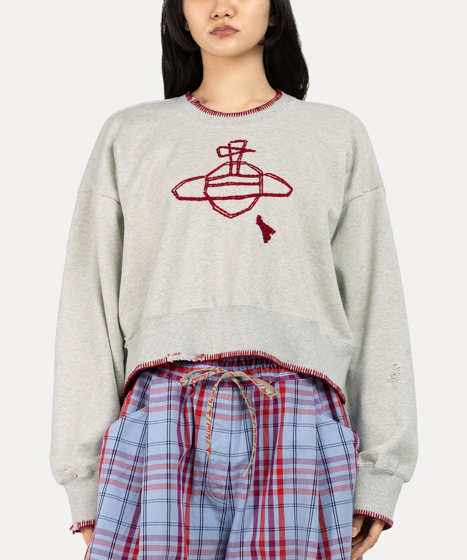 ブランケットステッチ裏毛 ブロークン加工トップ(ライトグレー