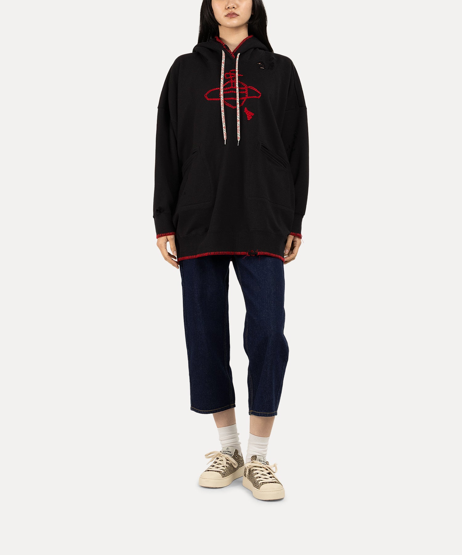 ブランケットステッチ裏毛 ブロークン加工フーディー(ブラック