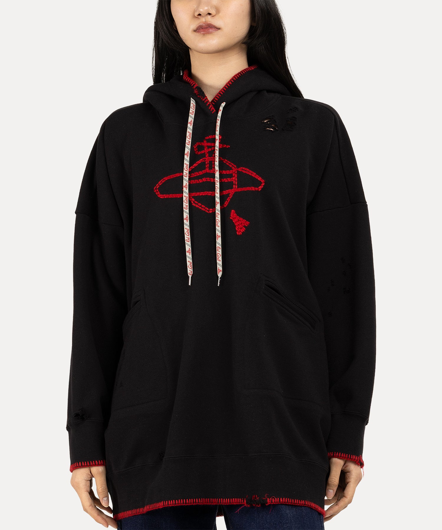 ブランケットステッチ裏毛 ブロークン加工フーディー(ブラック