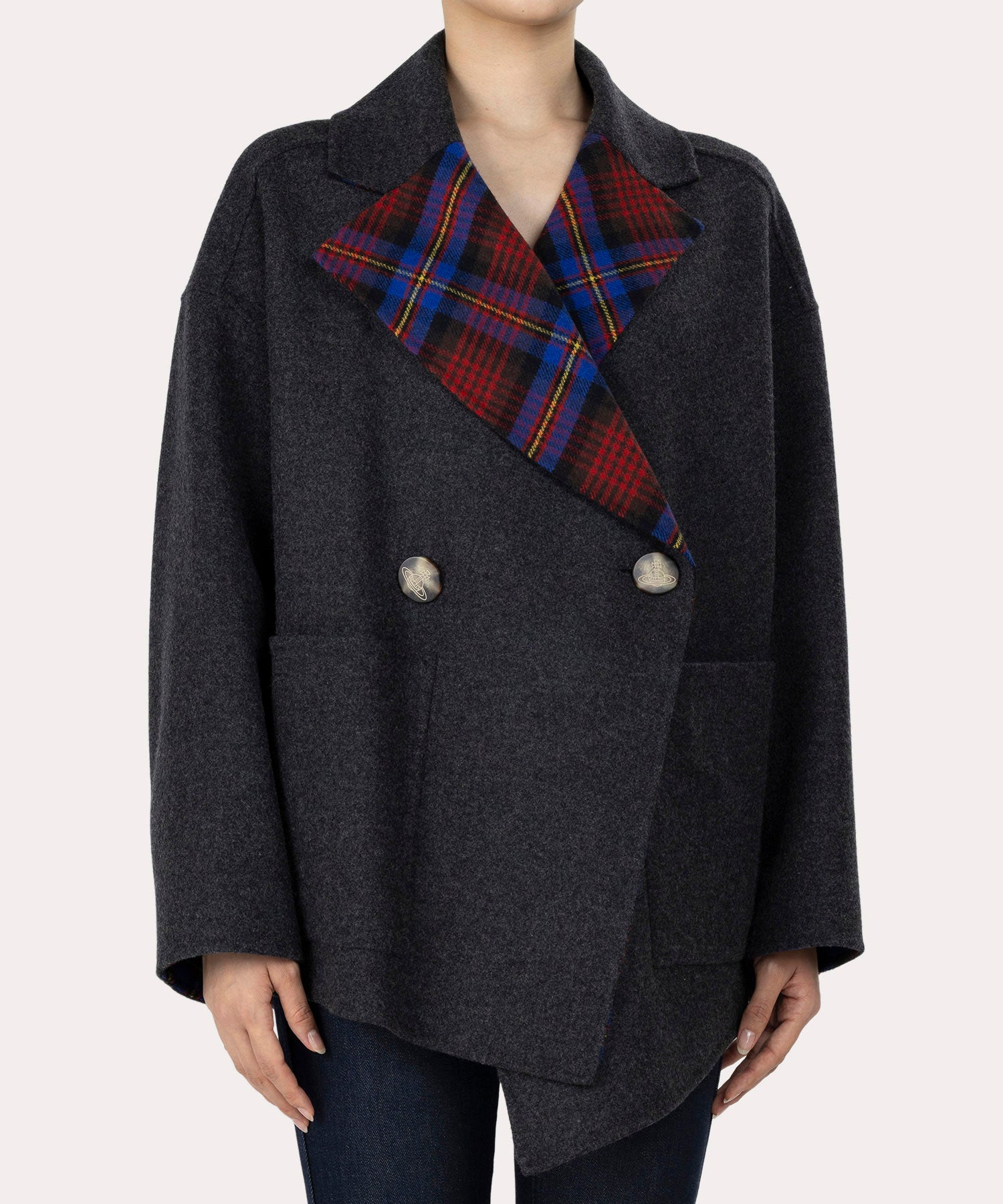 TARTAN CHECKリバー アシンメトリージャケットコート(グレー系