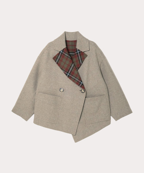 TARTAN CHECKリバー アシンメトリージャケットコート(ベージュ系