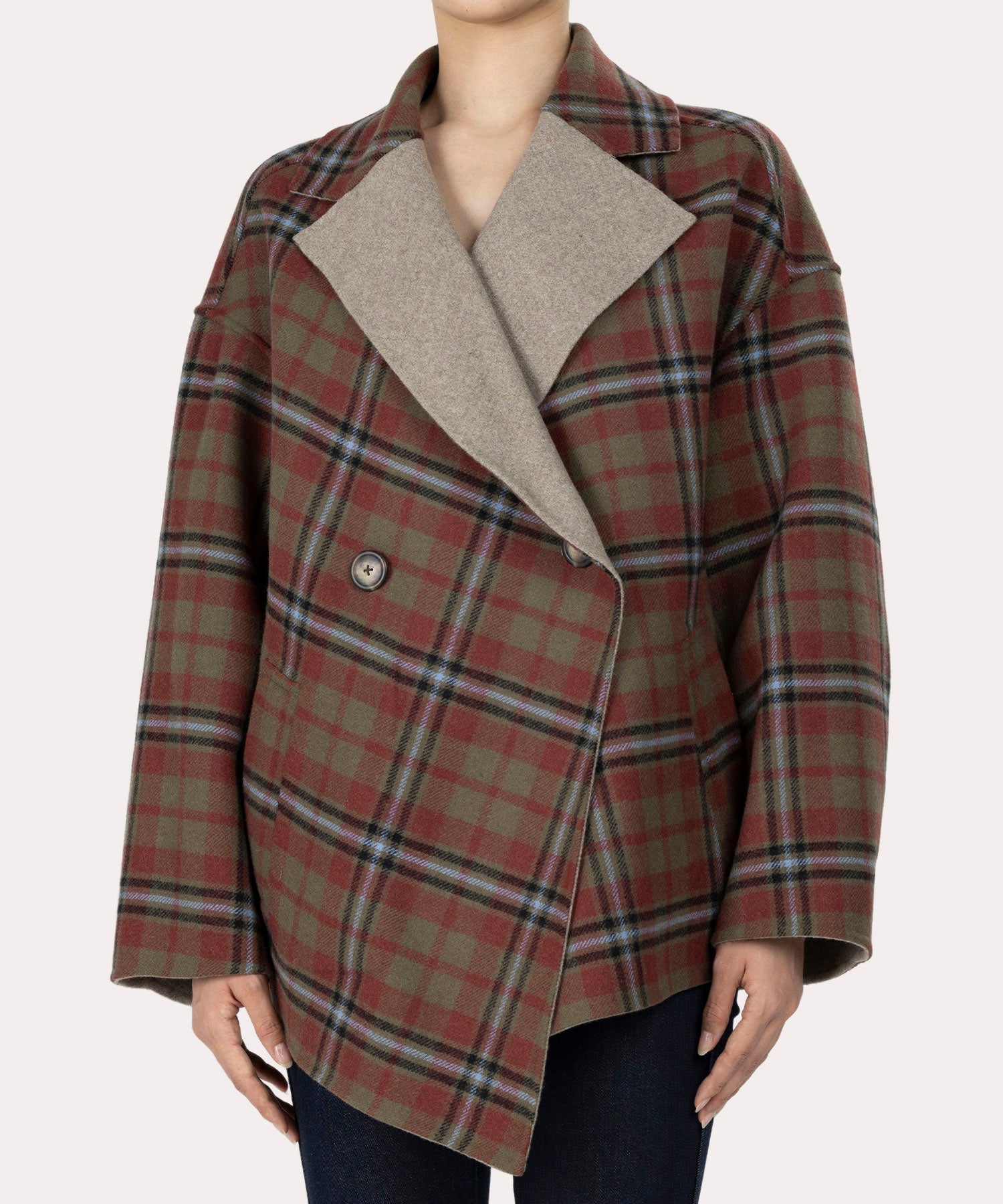 TARTAN CHECKリバー アシンメトリージャケットコート(ベージュ系