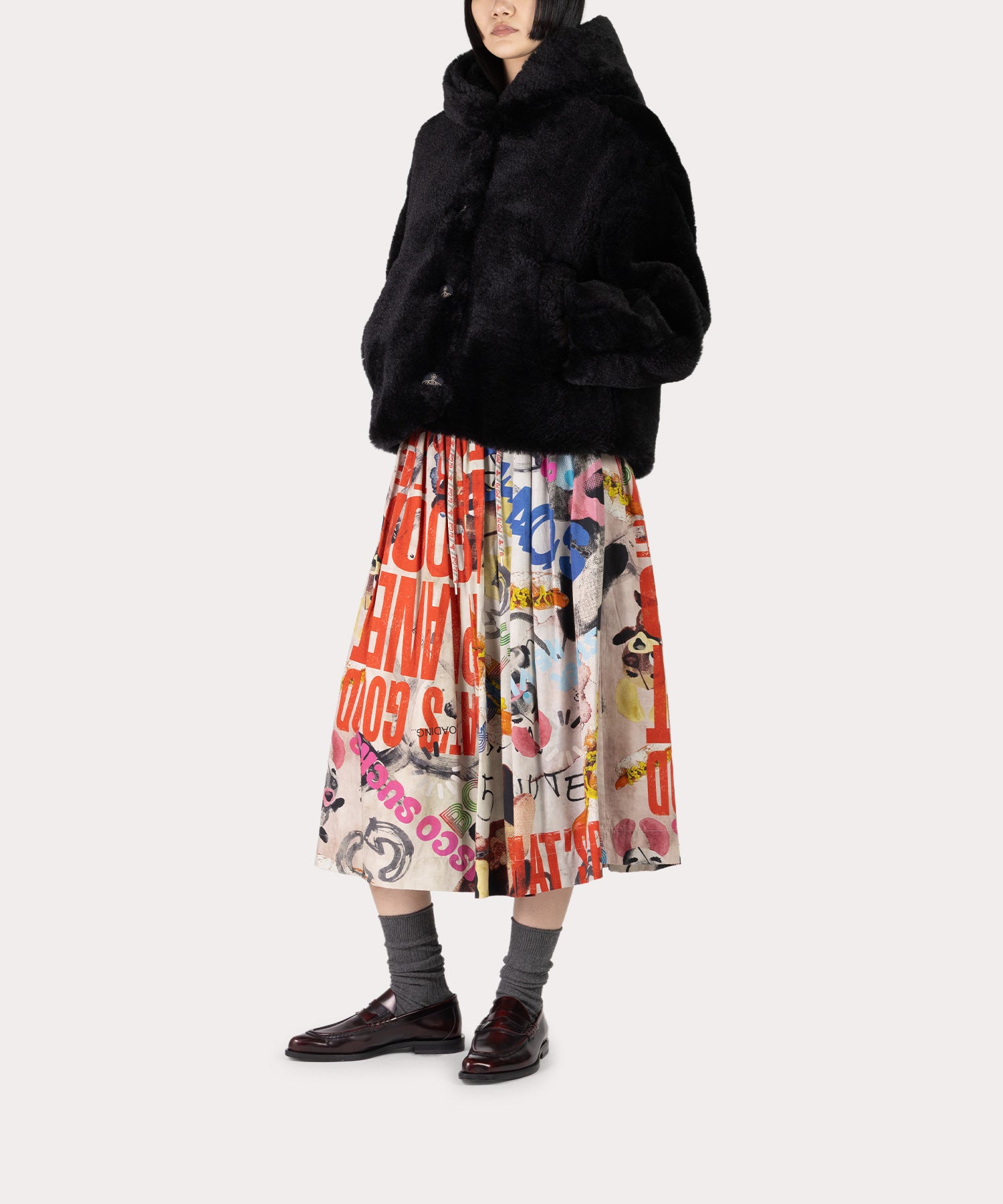 ファー ラウンドスリーブフーディー(ブラック)（レディース