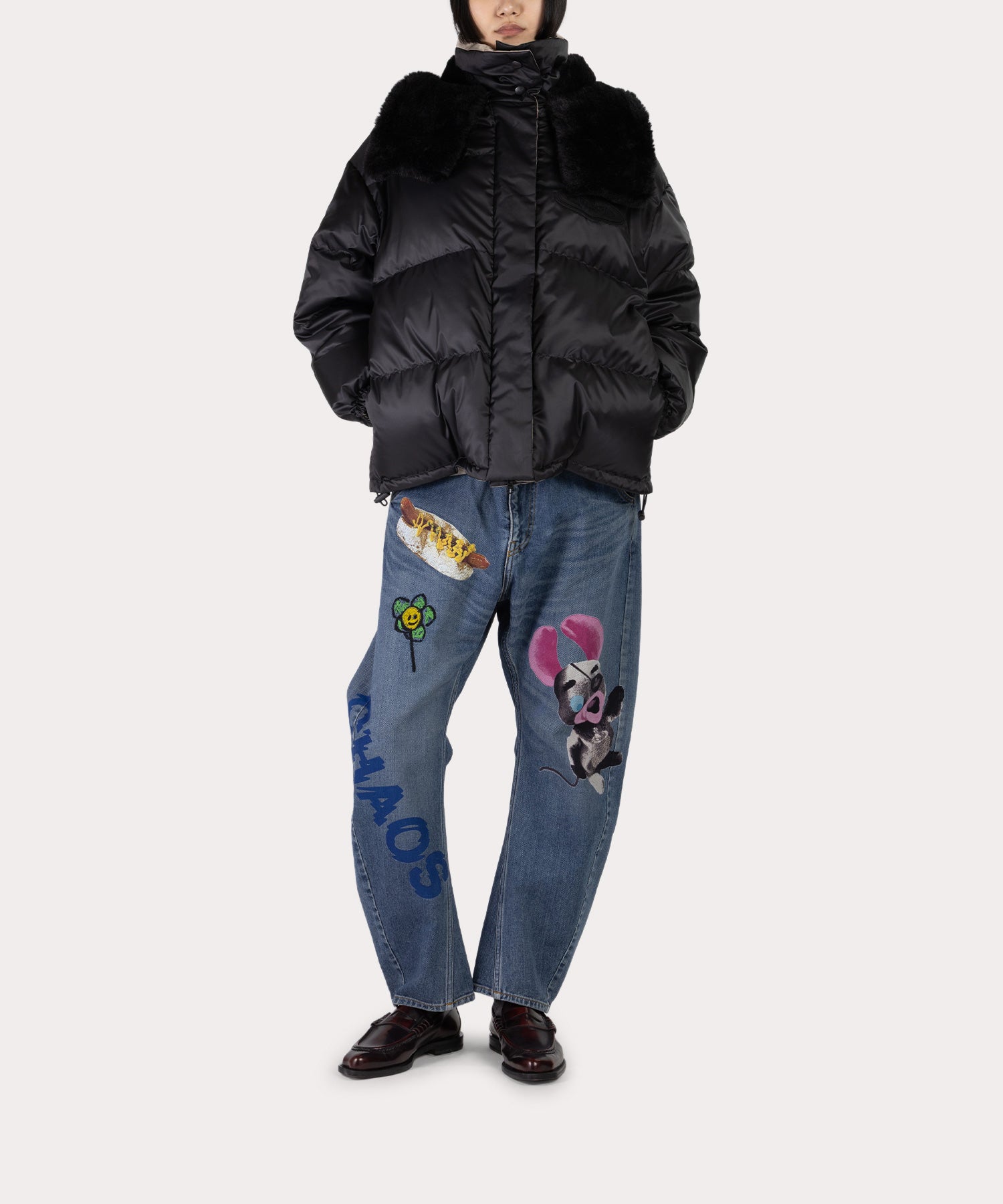 ポリエステルタフタ ファー付きリバーシブルダウン(ブラック