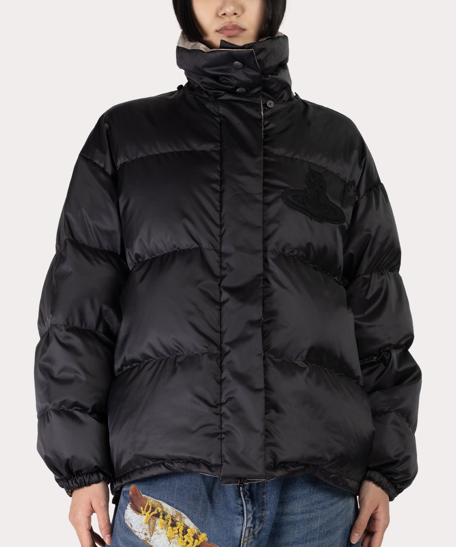 ポリエステルタフタ ファー付きリバーシブルダウン(ブラック