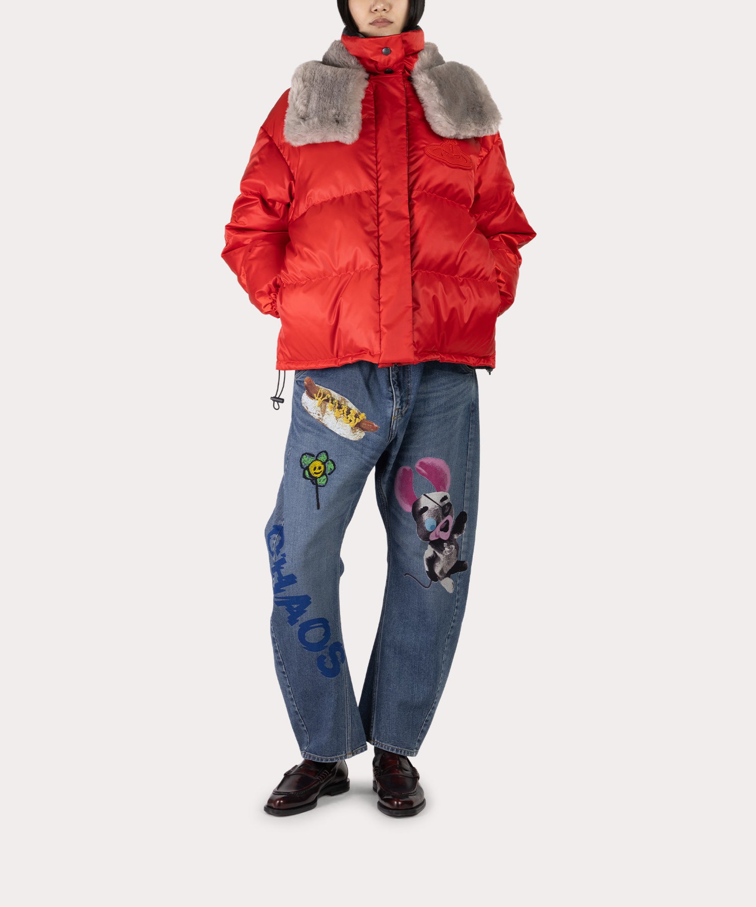 ポリエステルタフタ ファー付きリバーシブルダウン(レッド