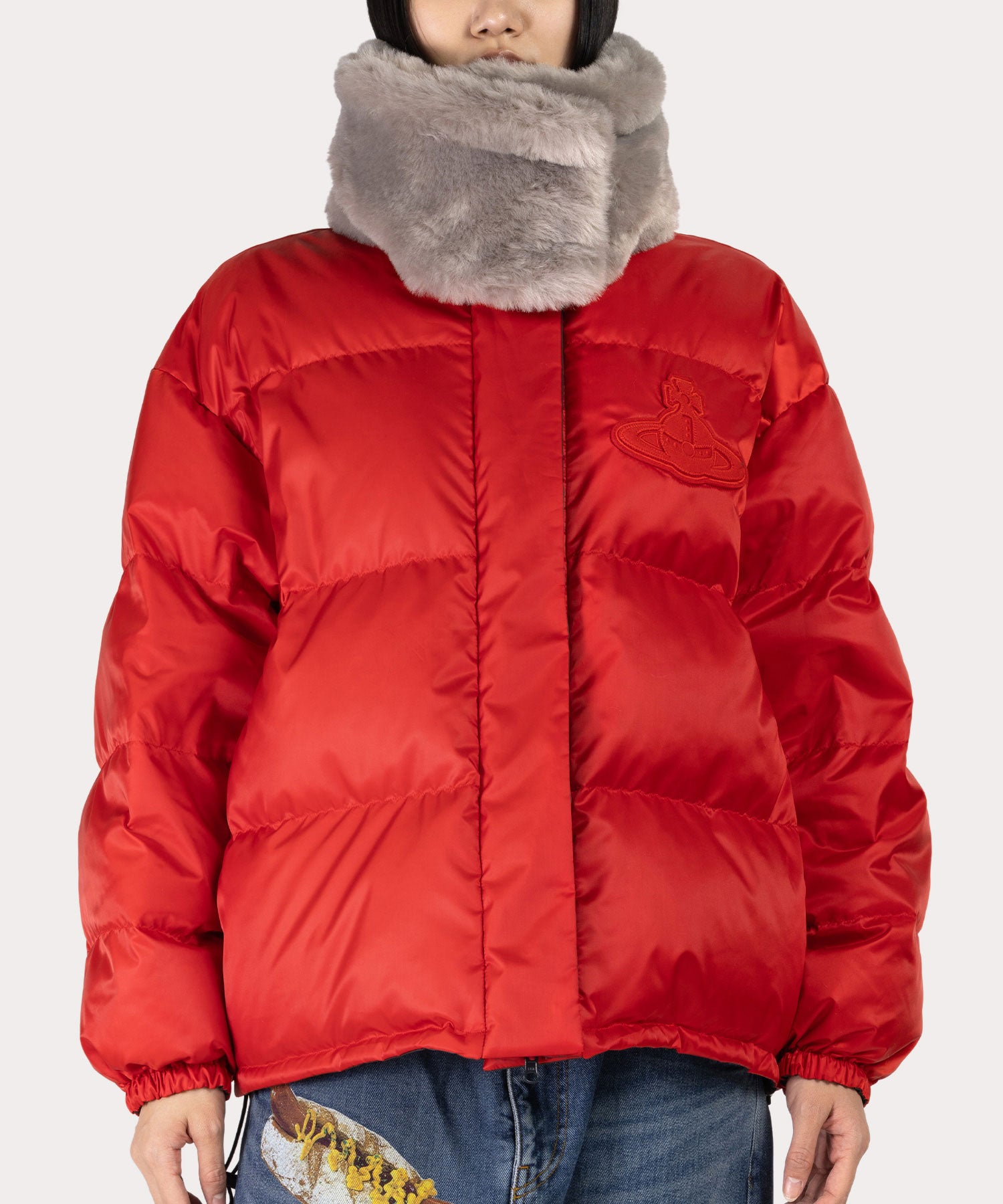 ポリエステルタフタ ファー付きリバーシブルダウン(レッド