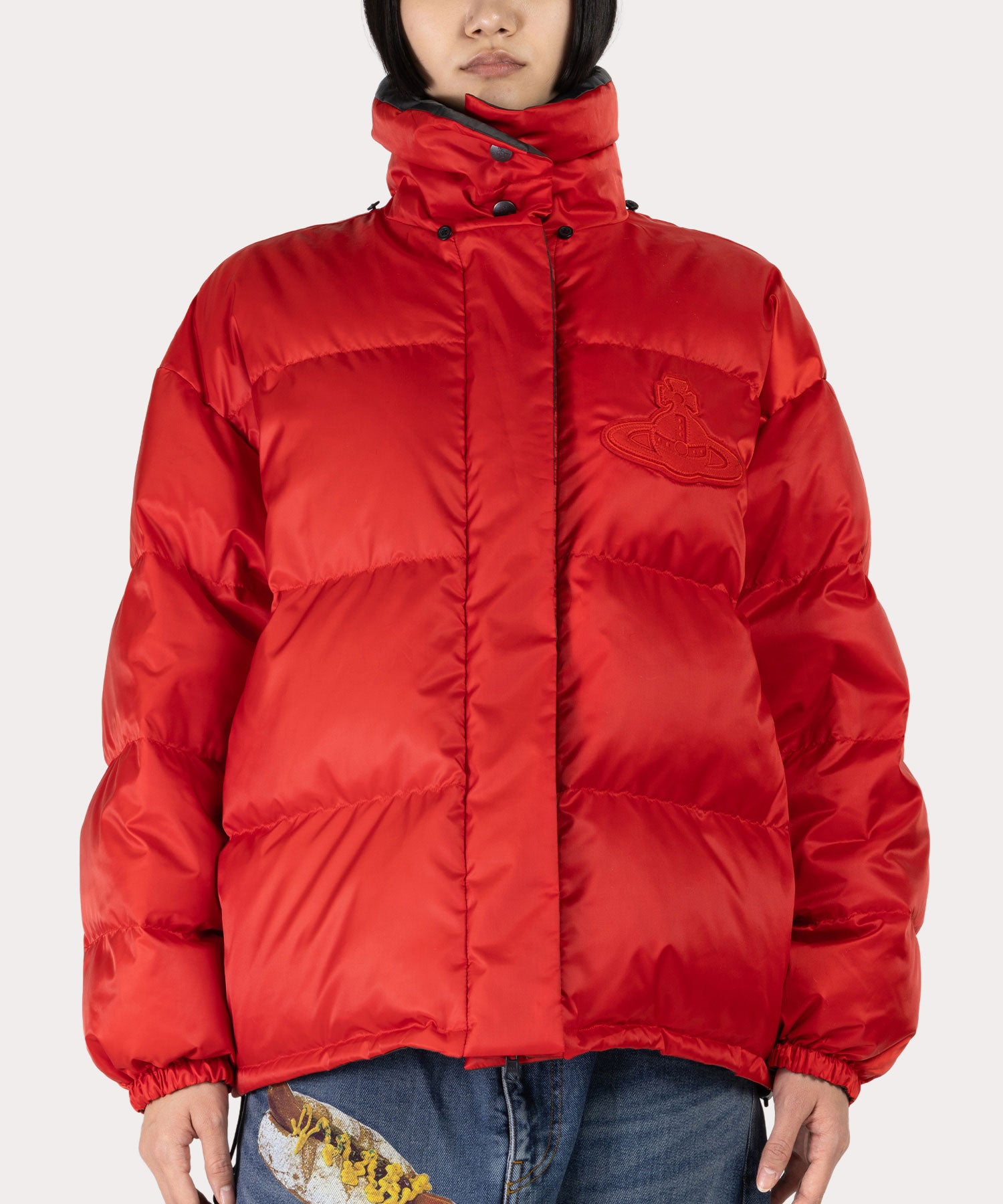 ポリエステルタフタ ファー付きリバーシブルダウン(レッド