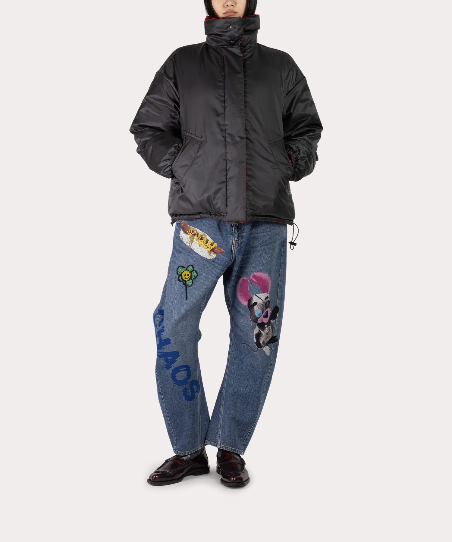 ポリエステルタフタ ファー付きリバーシブルダウン(レッド