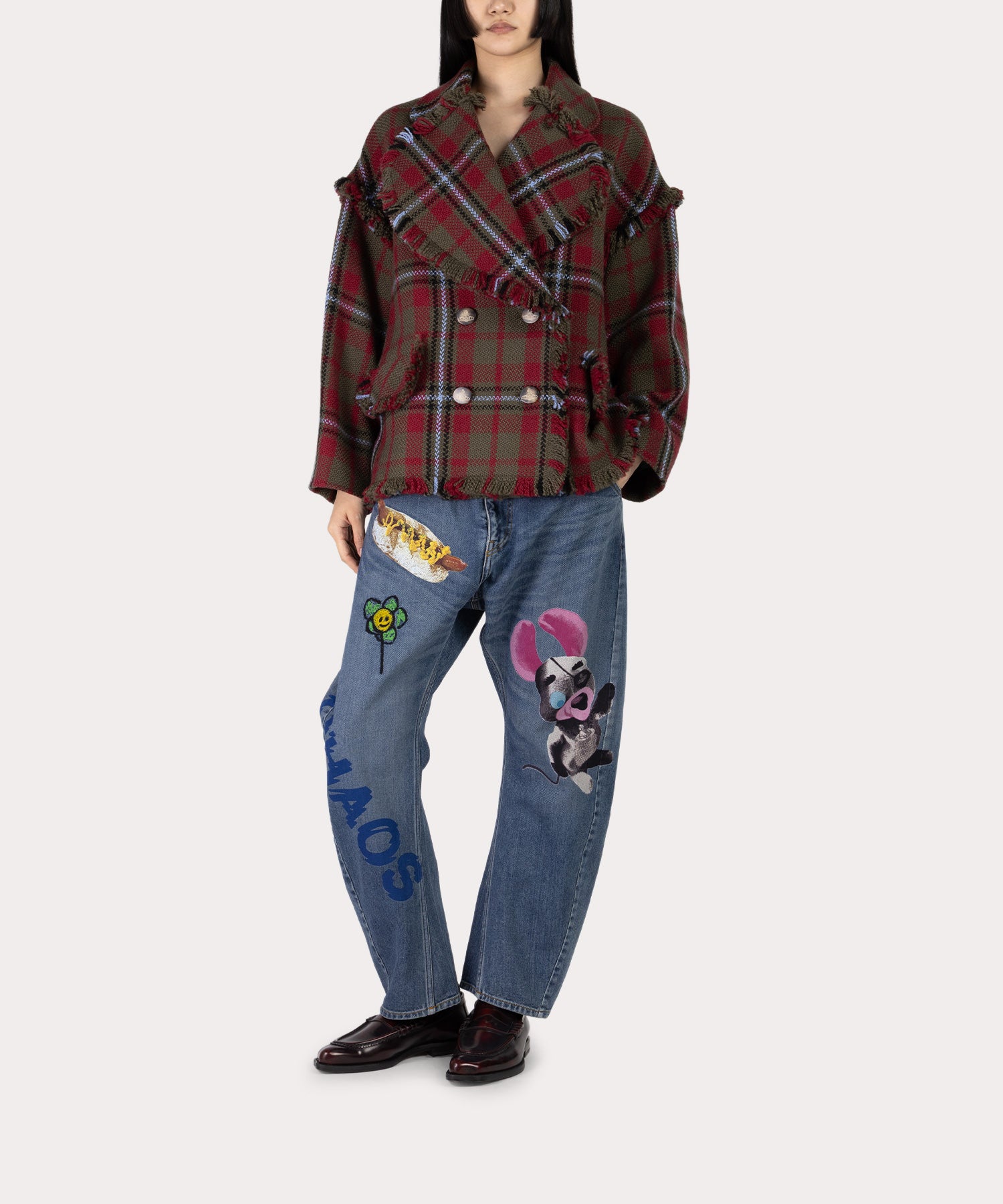 チェックフリンジ ラウンドカラーPコート(グレー)（レディース