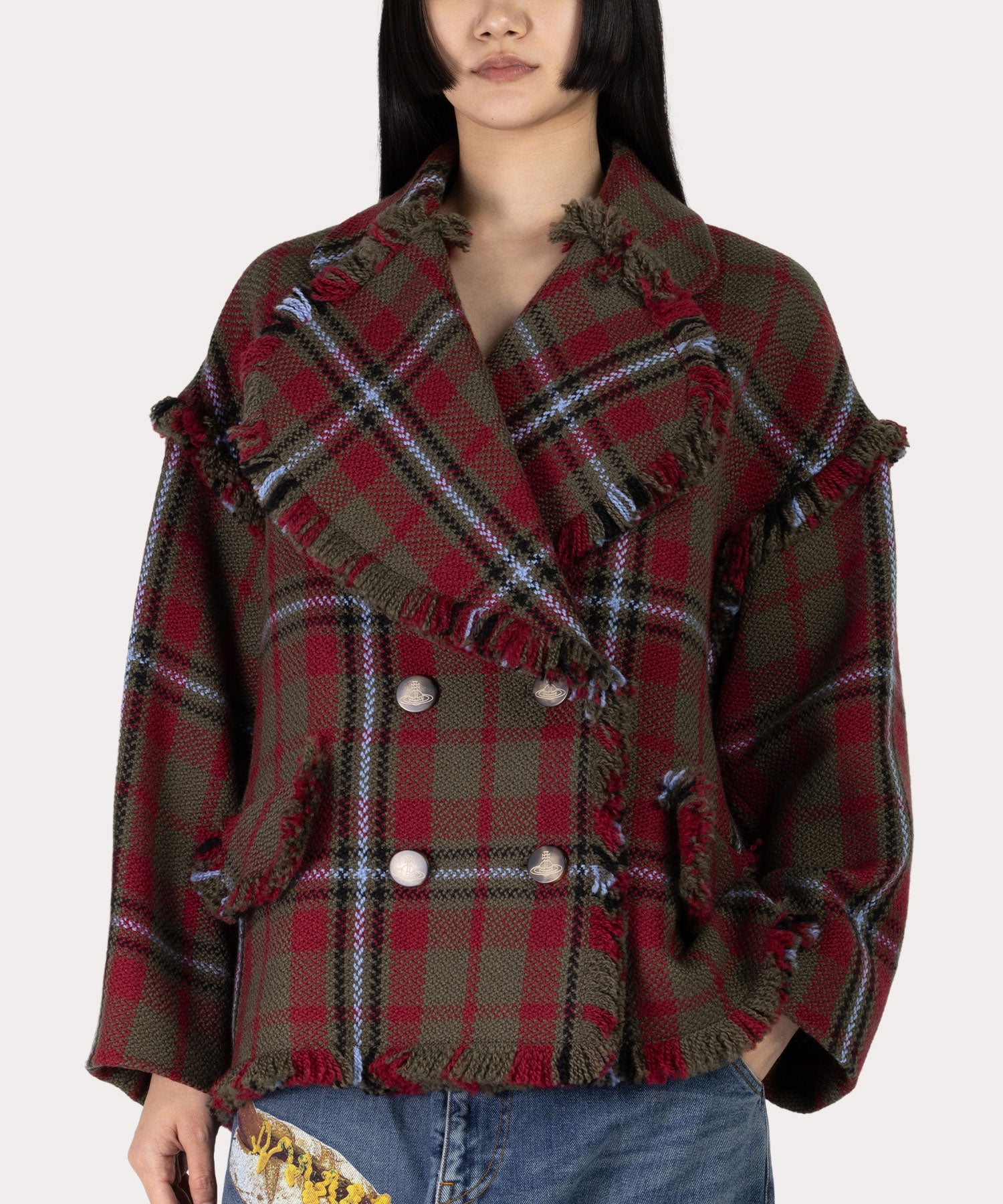 チェックフリンジ ラウンドカラーPコート(グレー)（レディース