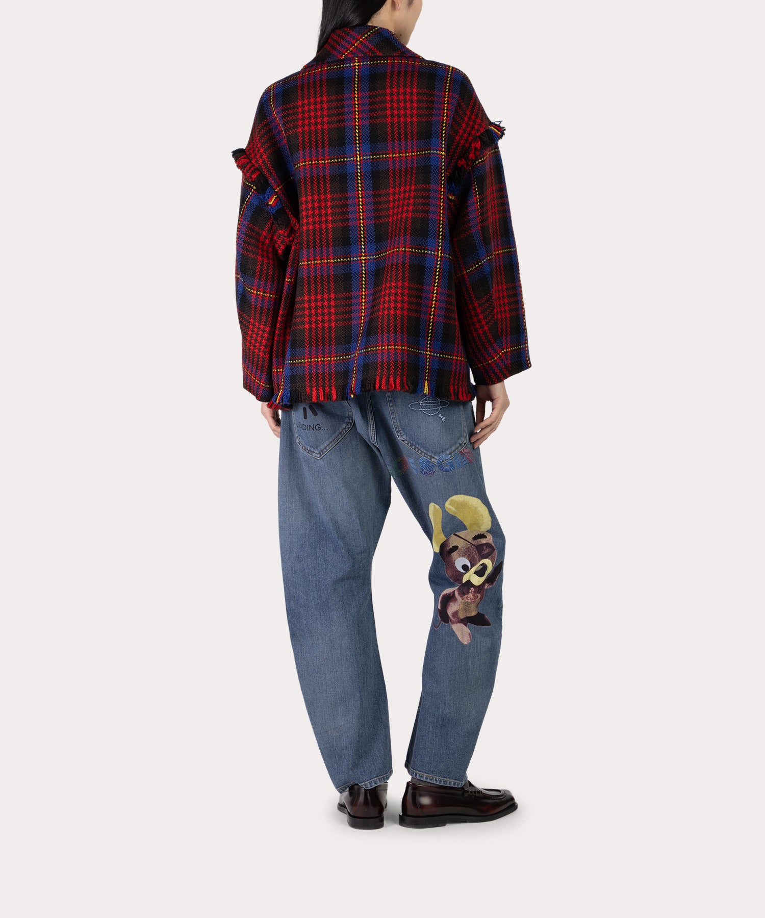 チェックフリンジ ラウンドカラーPコート(ネイビー)（レディース