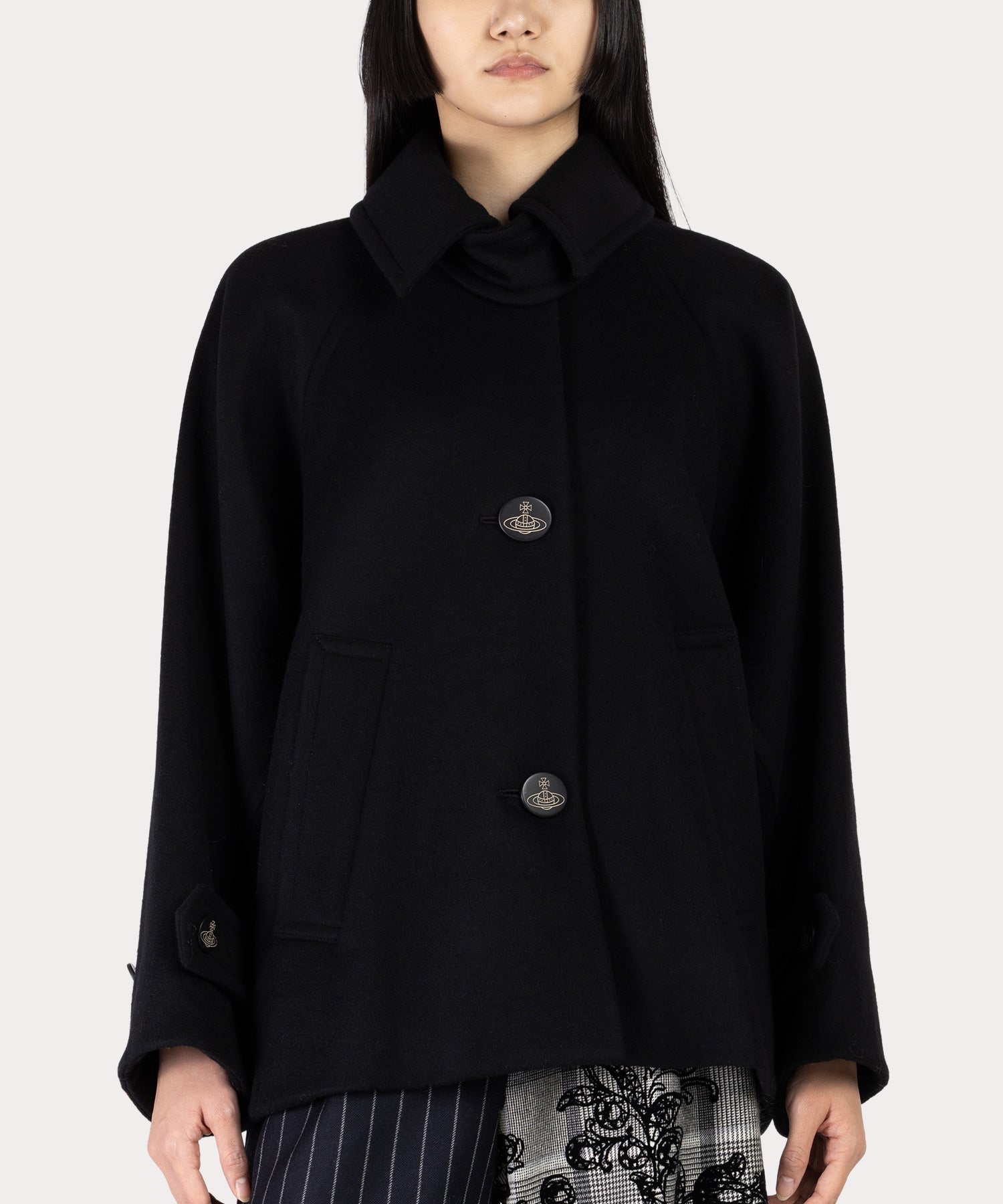 ウールメルトン バットウィングショートコート(ブラック)（レディース