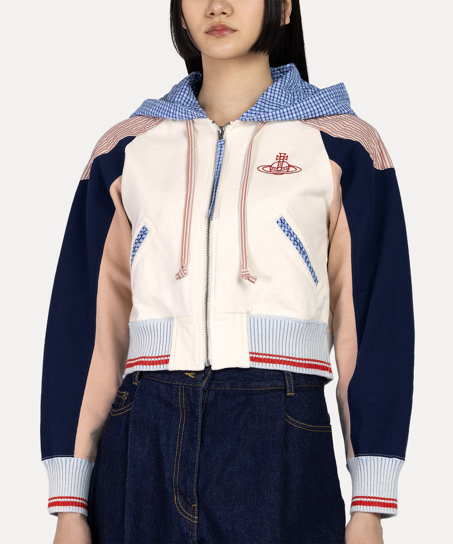 マルチカラーブロッキング 裏毛ジップフーディー(ホワイト