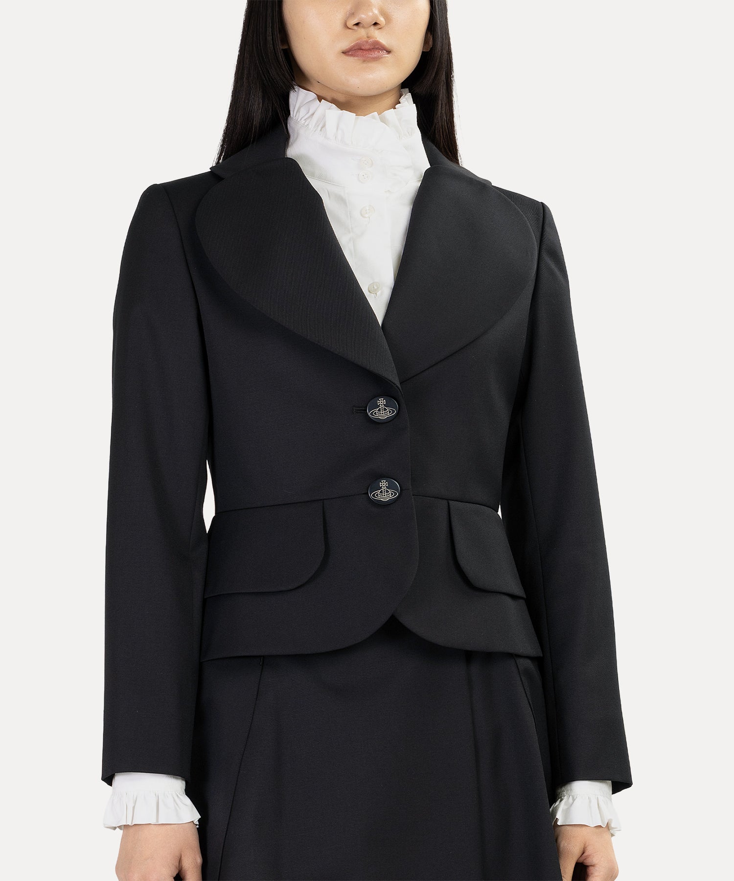 【美品☆高級モデル☆本場ツイード☆牛革使用】ヴィヴィアン ウールジャケット ウールギャバ ラブジャケット(ブラック)（レディース）（1612461004