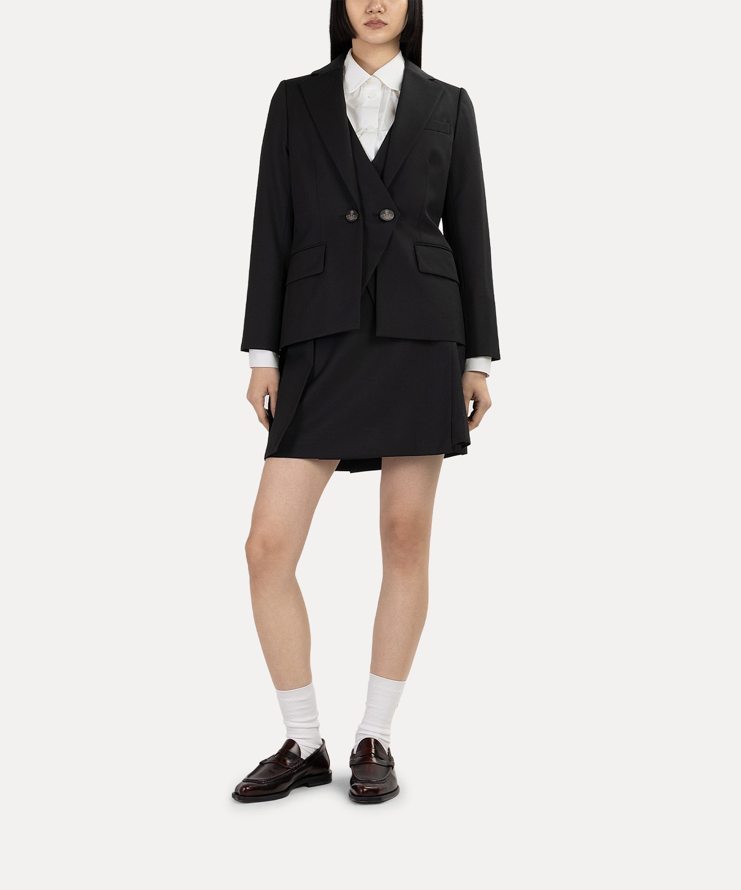 ウールギャバ レイヤードジャケット(ブラック)（レディース