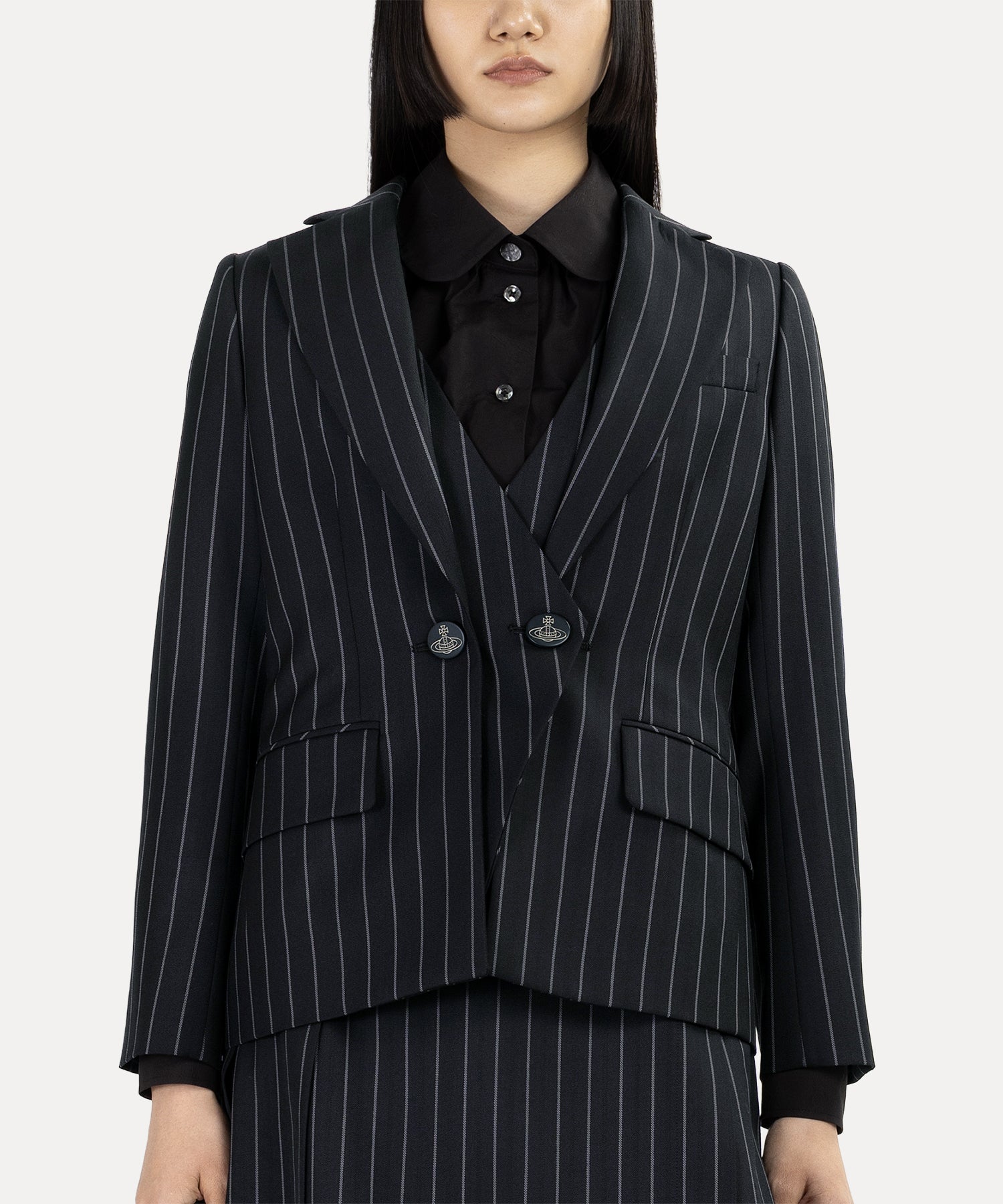 ウールギャバ レイヤードジャケット(ブラック)（レディース