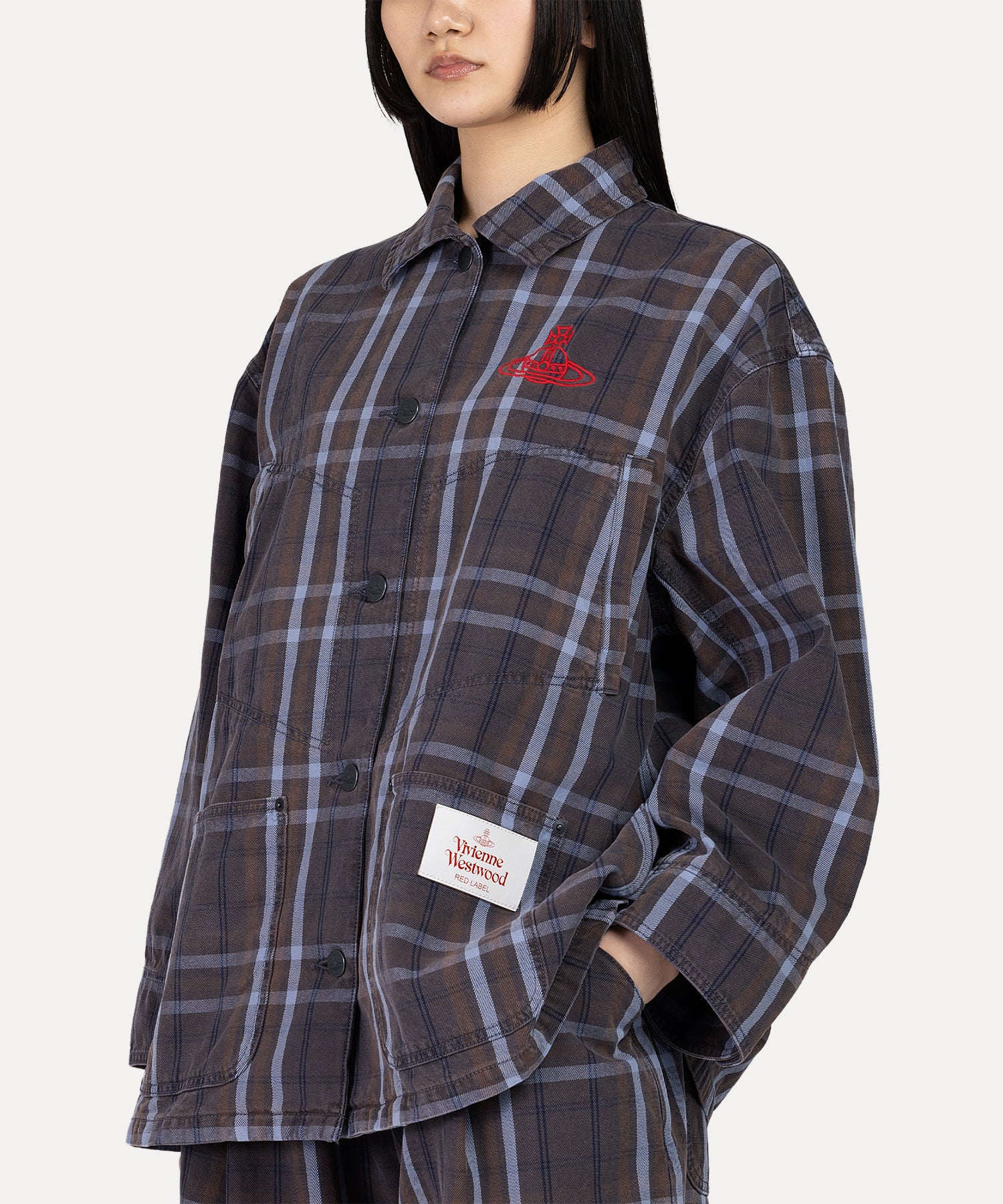 タータンチェックデニム カバーオール(グレー系)（レディース