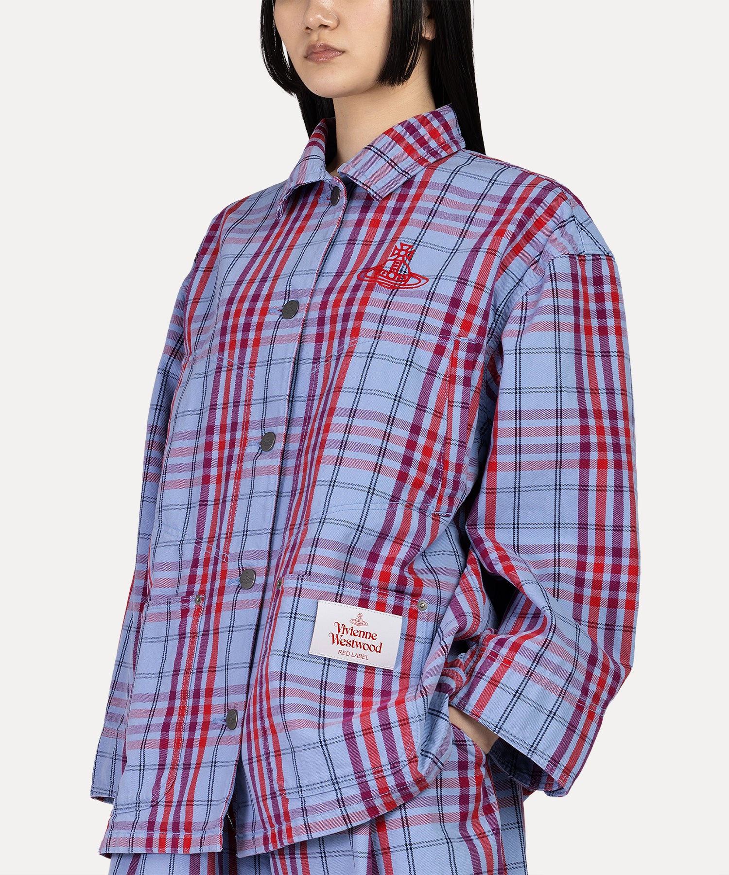 タータンチェックデニム カバーオール(ネイビー)（レディース