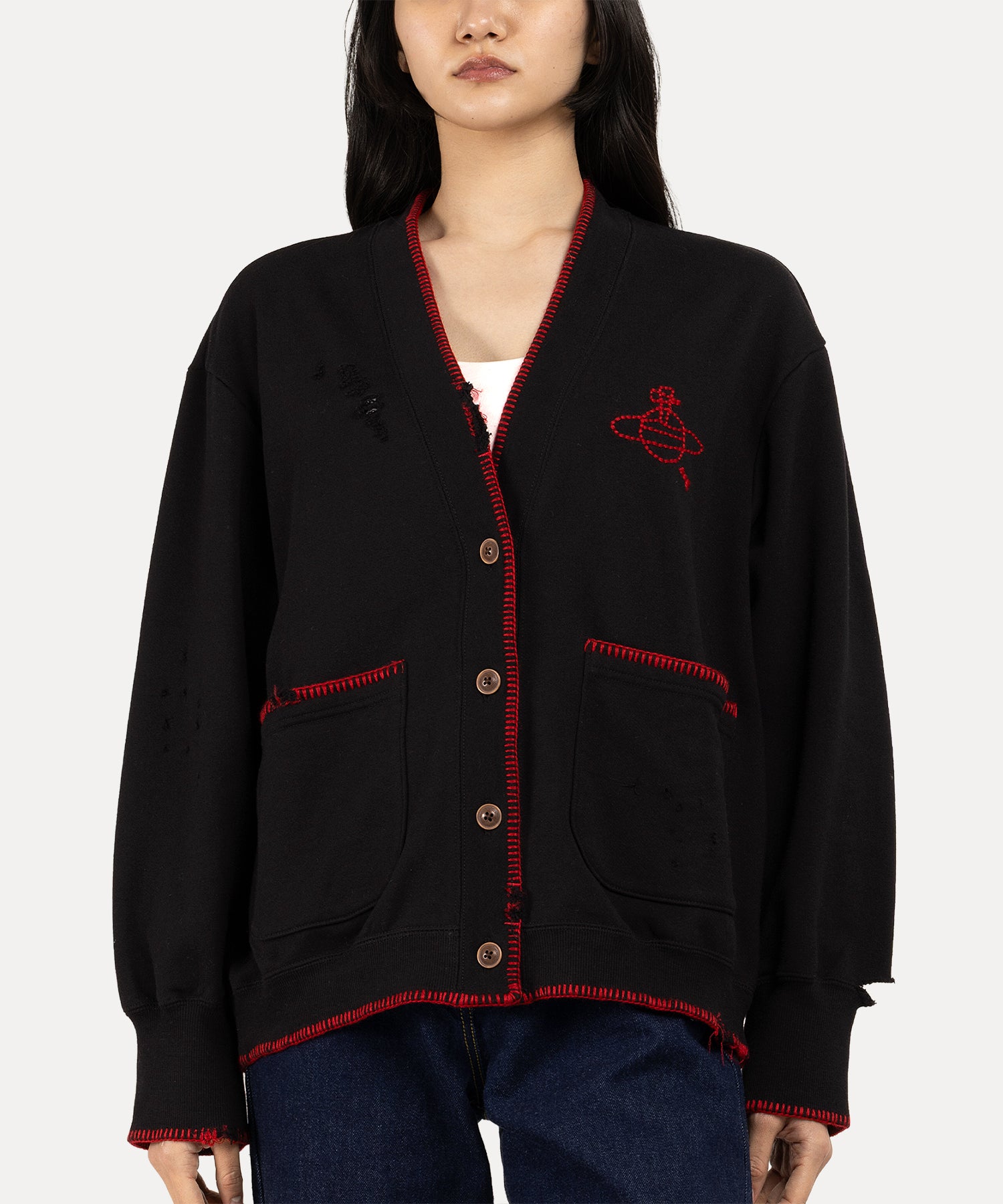 ブランケットステッチ裏毛 ブロークン加工Vネックカーディガン