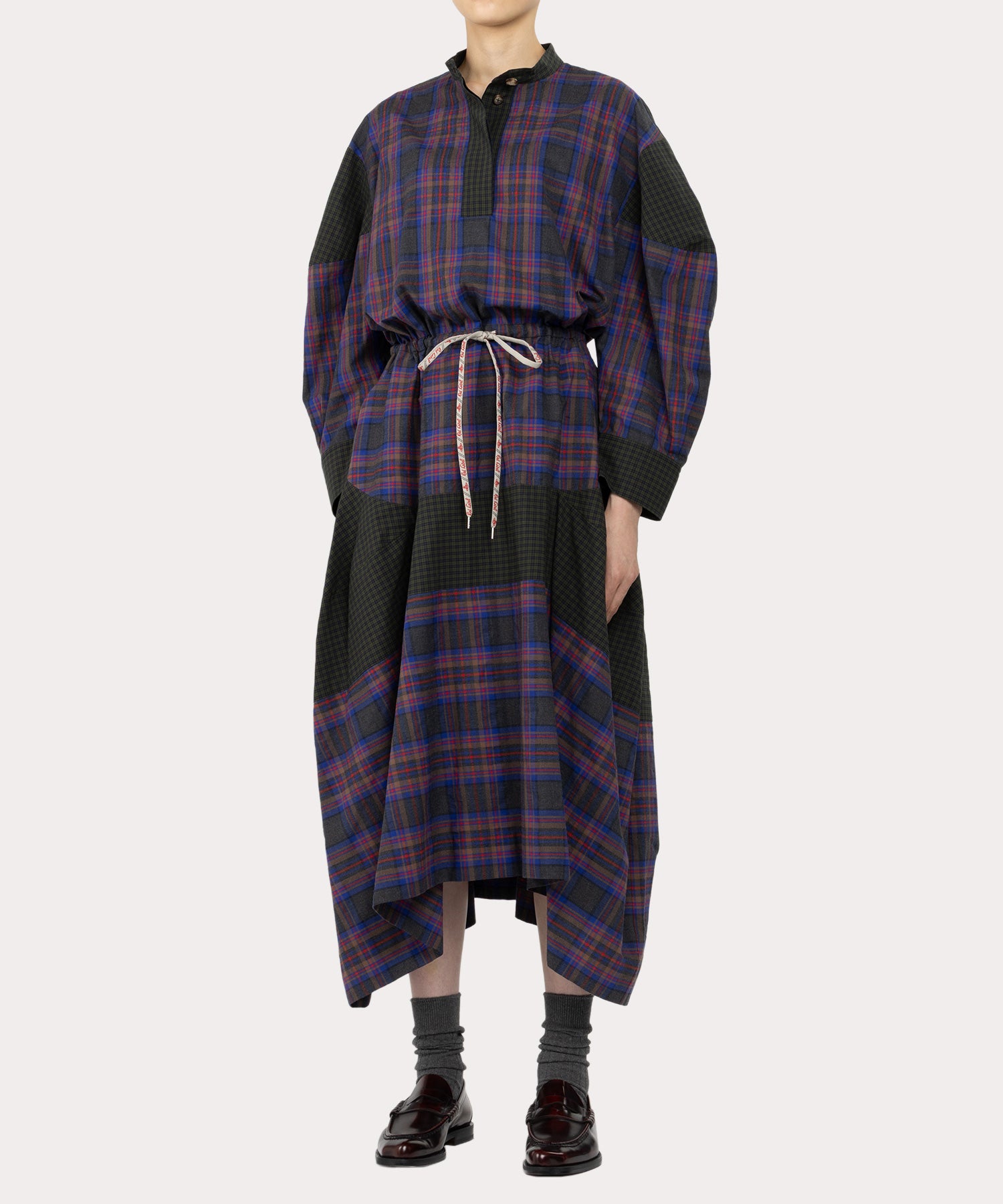 チェックブロッキング ワンピース(グレー系)（レディース