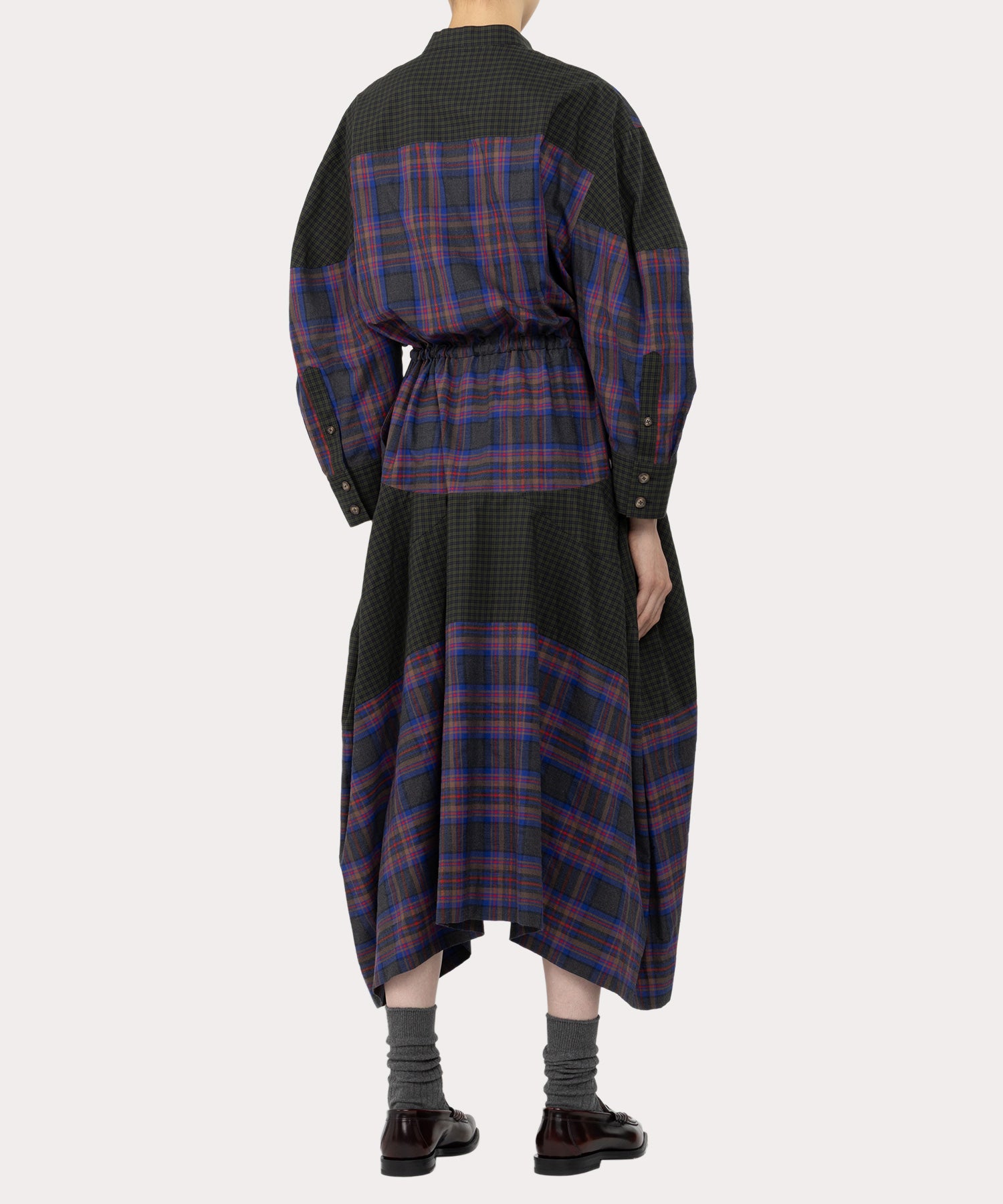 チェックブロッキング ワンピース(グレー系)（レディース