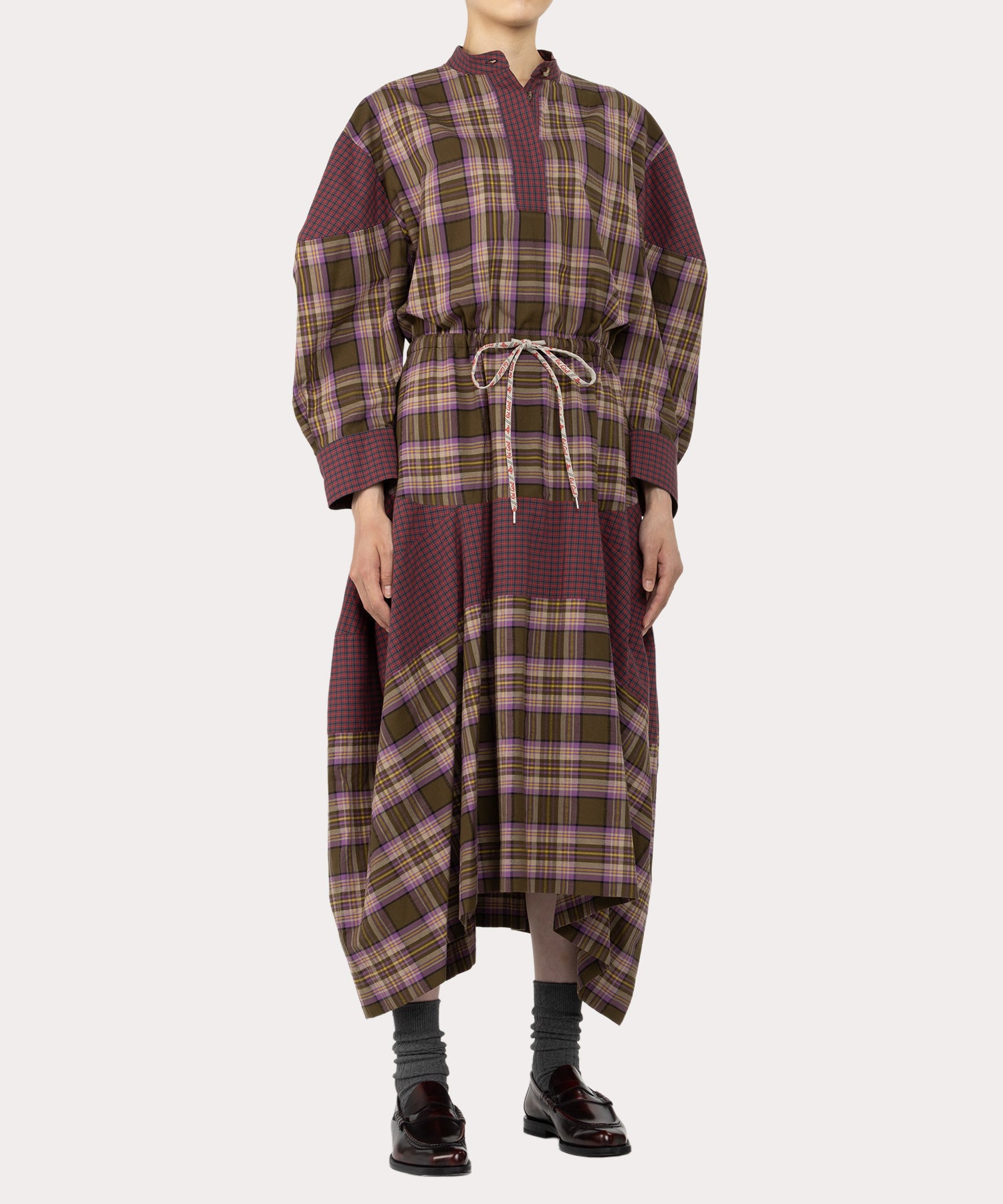 チェックブロッキング ワンピース(グリーン系)（レディース