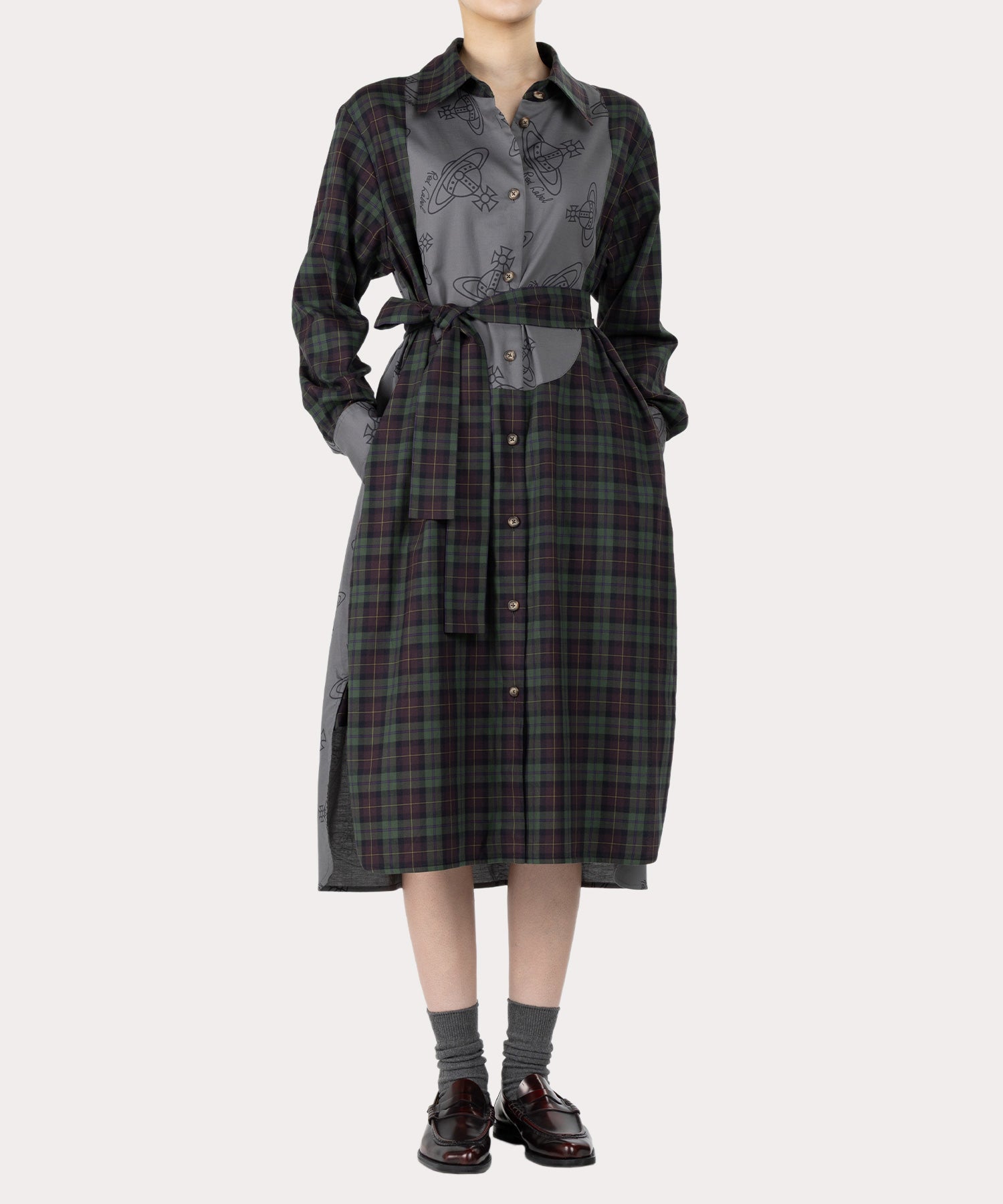 コットン ビエラチェックビブシャツ ロングドレス