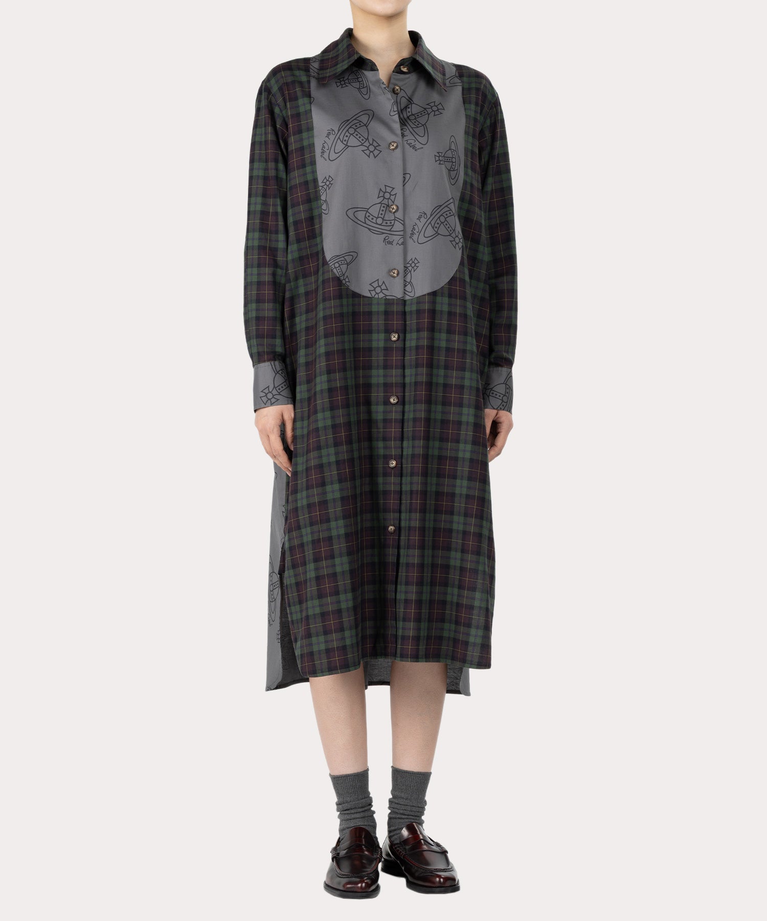 コットンビエラ ビブシャツロングワンピース(グリーン)（レディース