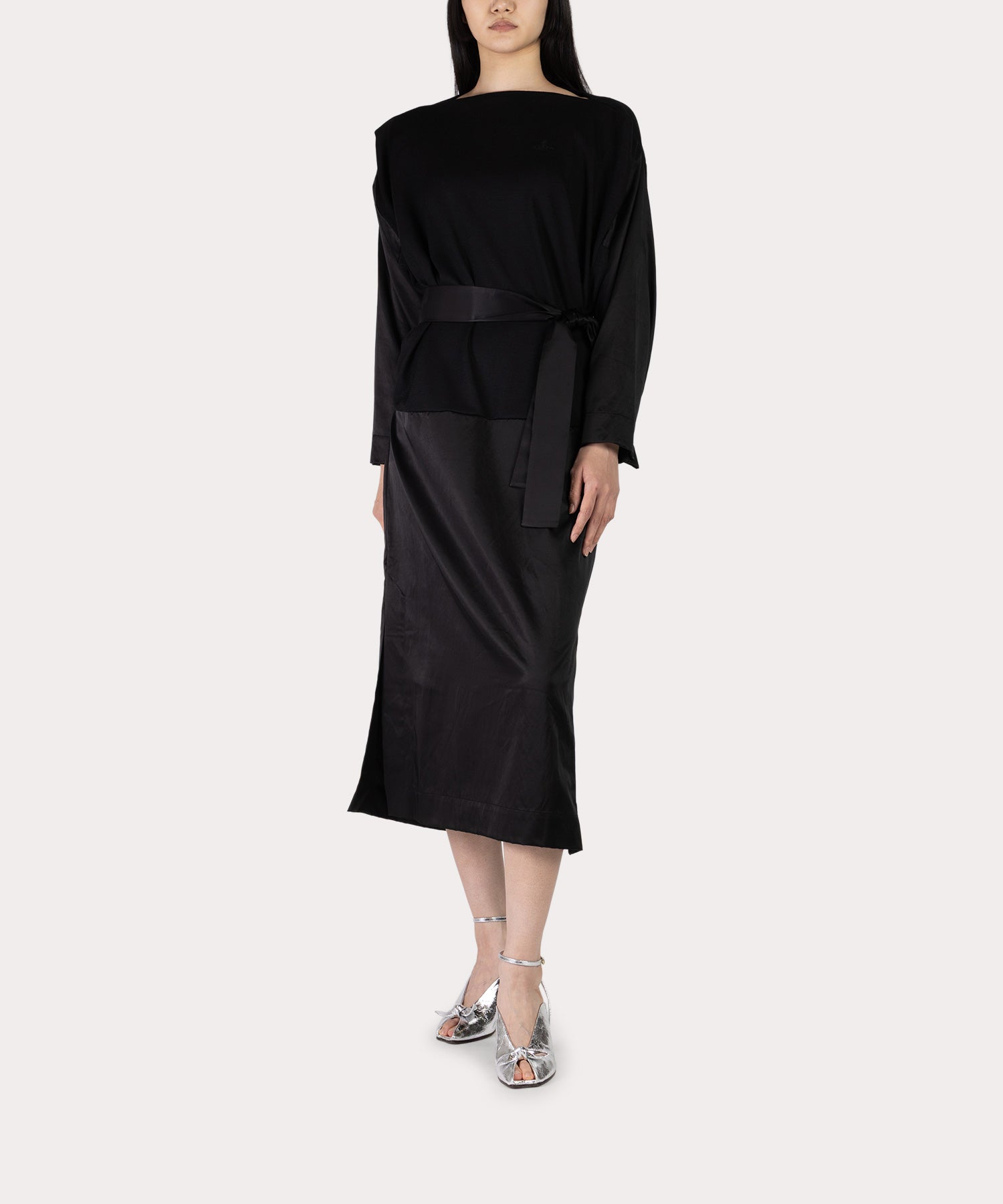 ウォッシャブルウールジャージー サテンブロッキングワンピース