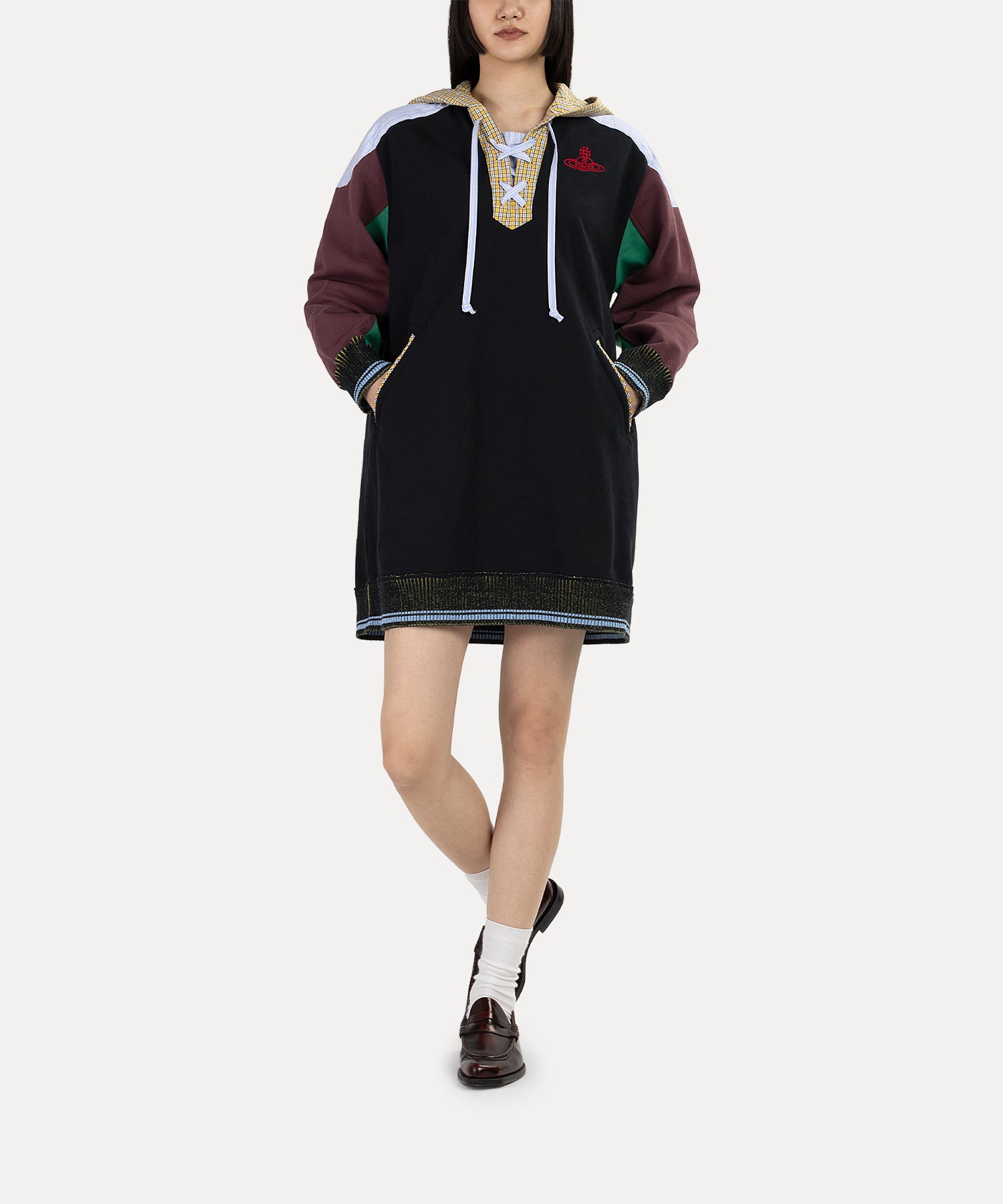 マルチカラーブロッキング 裏毛フーディーワンピース(ブラック