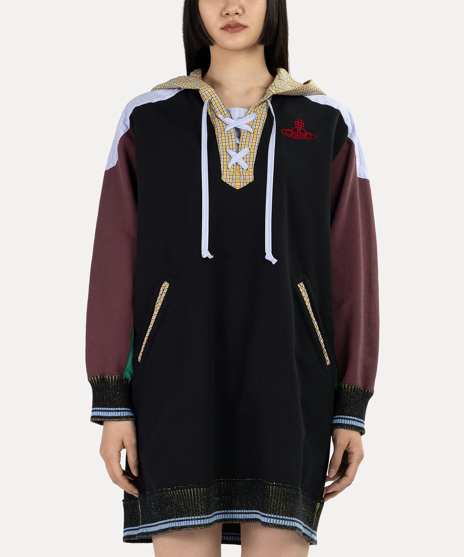 マルチカラーブロッキング 裏毛フーディーワンピース(ブラック