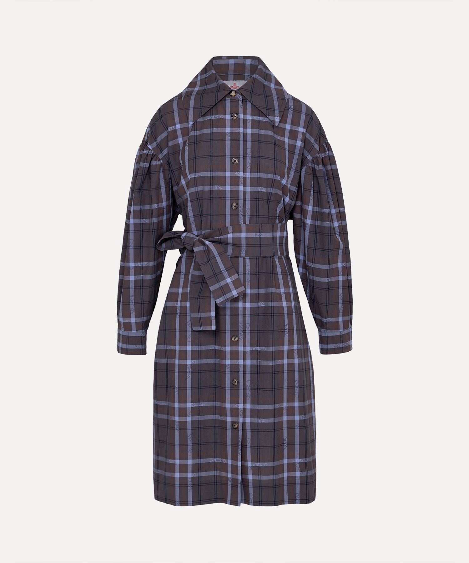 タータンチェック ギャザーシャツワンピース(グレー系)（レディース