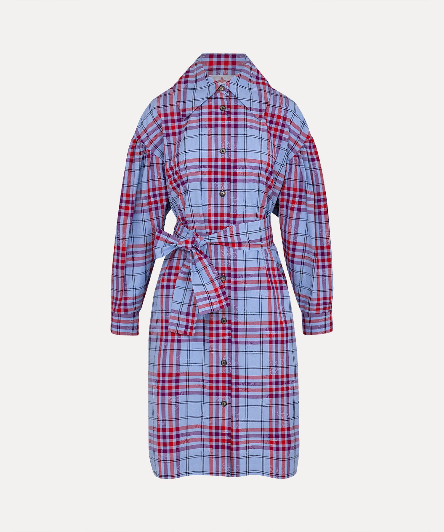 タータンチェック ギャザーシャツワンピース(ネイビー)（レディース