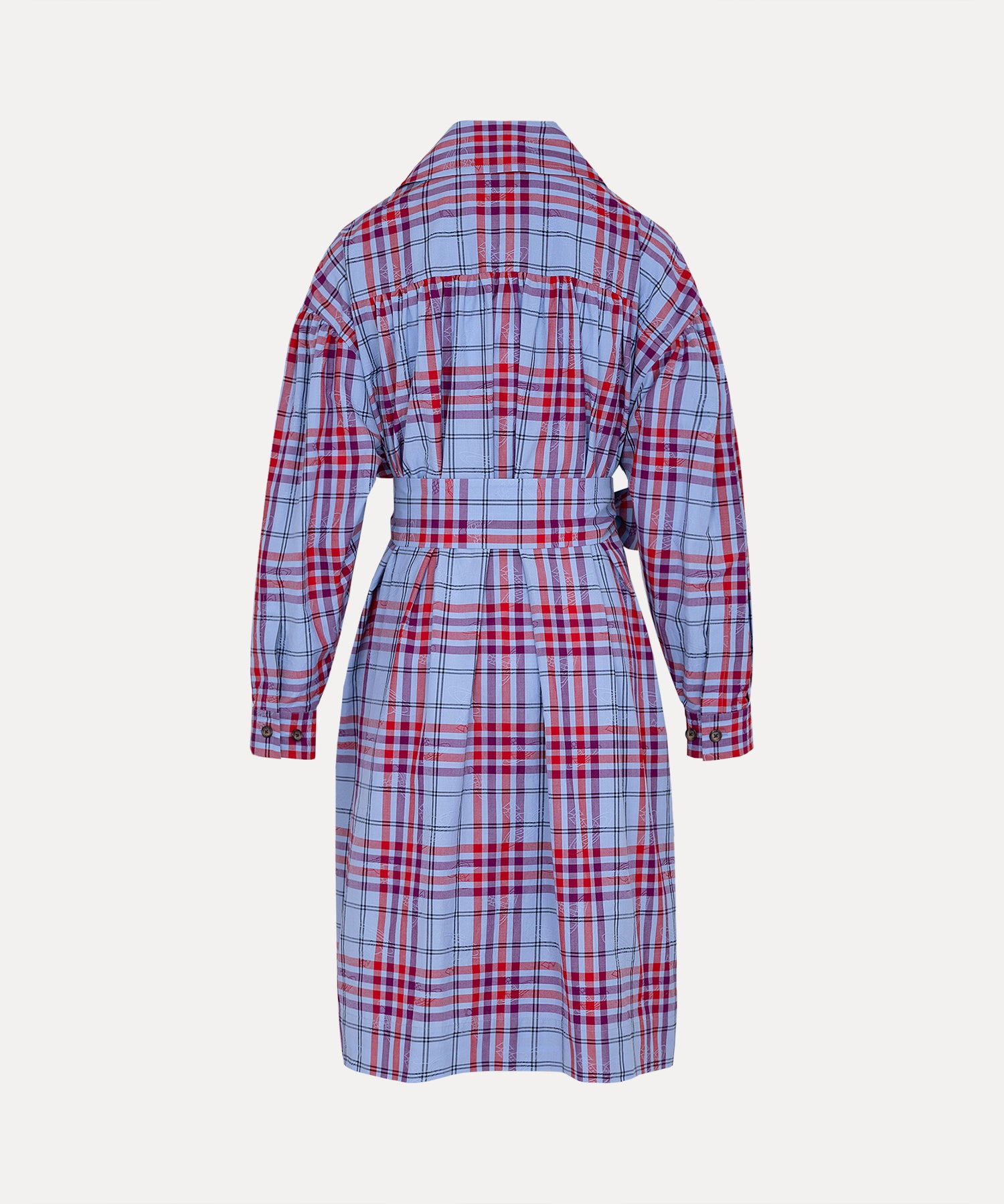 タータンチェック ギャザーシャツワンピース(ネイビー)（レディース