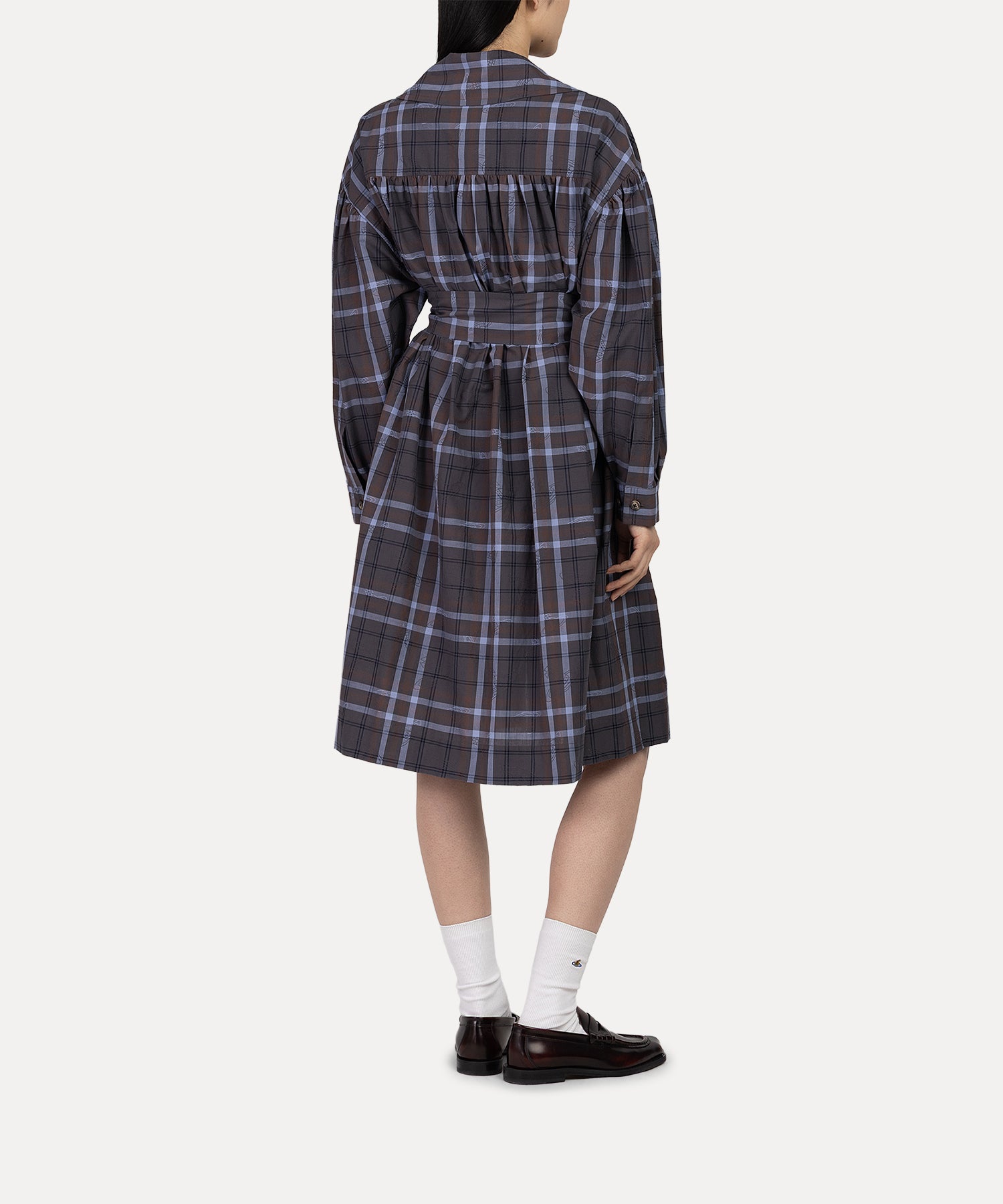 タータンチェック ギャザーシャツワンピース(グレー系)（レディース