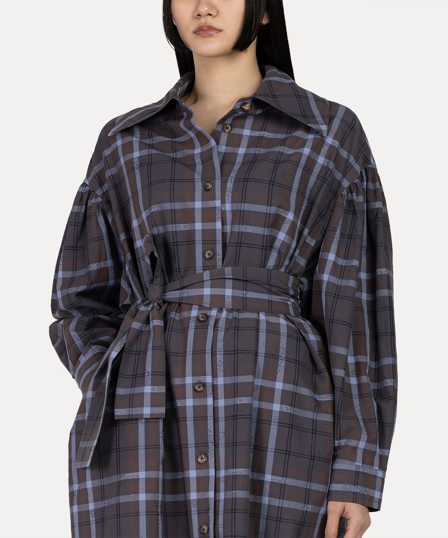 タータンチェック ギャザーシャツワンピース(グレー系)（レディース