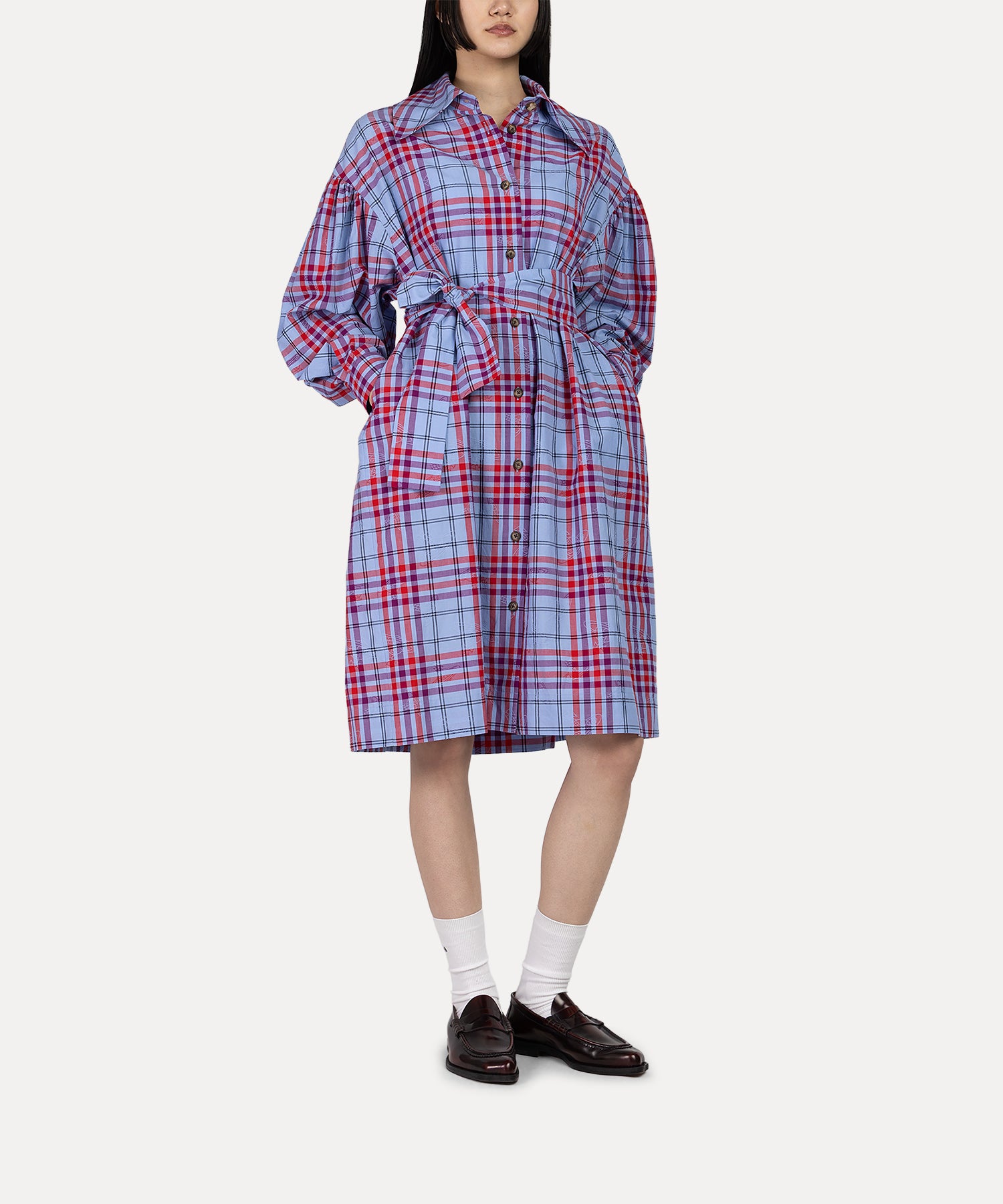 タータンチェック ギャザーシャツワンピース(ネイビー)（レディース