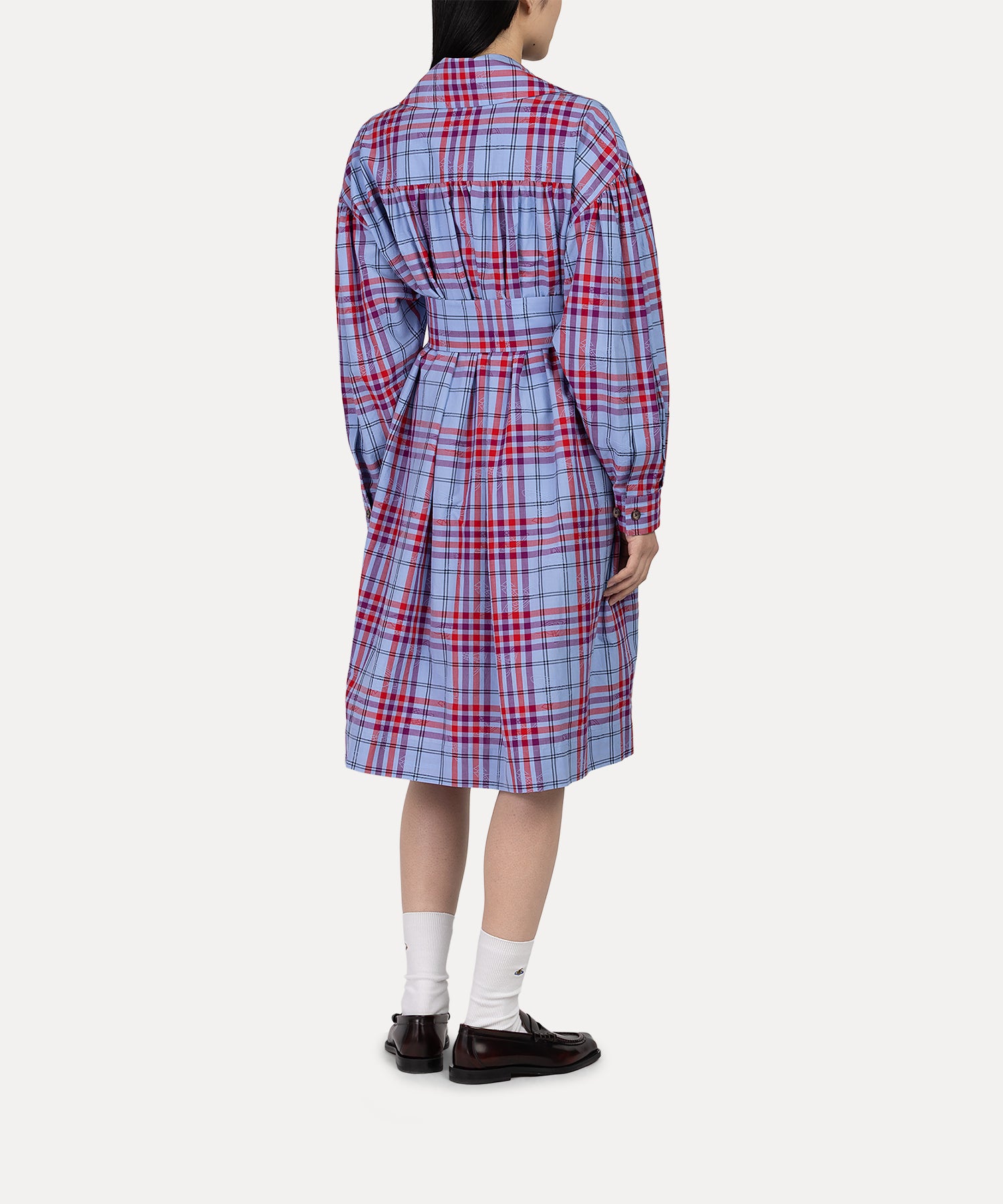 タータンチェック ギャザーシャツワンピース(ネイビー)（レディース