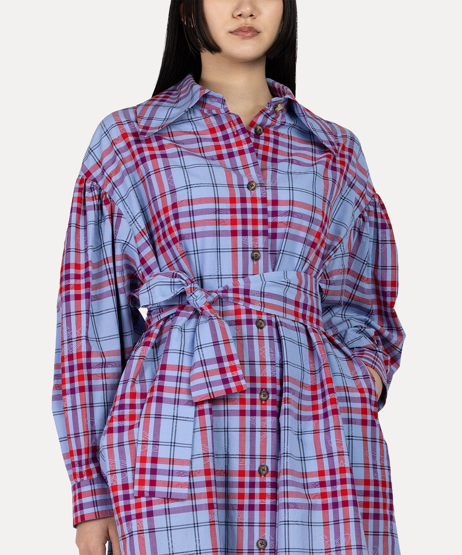 タータンチェック ギャザーシャツワンピース(ネイビー)（レディース