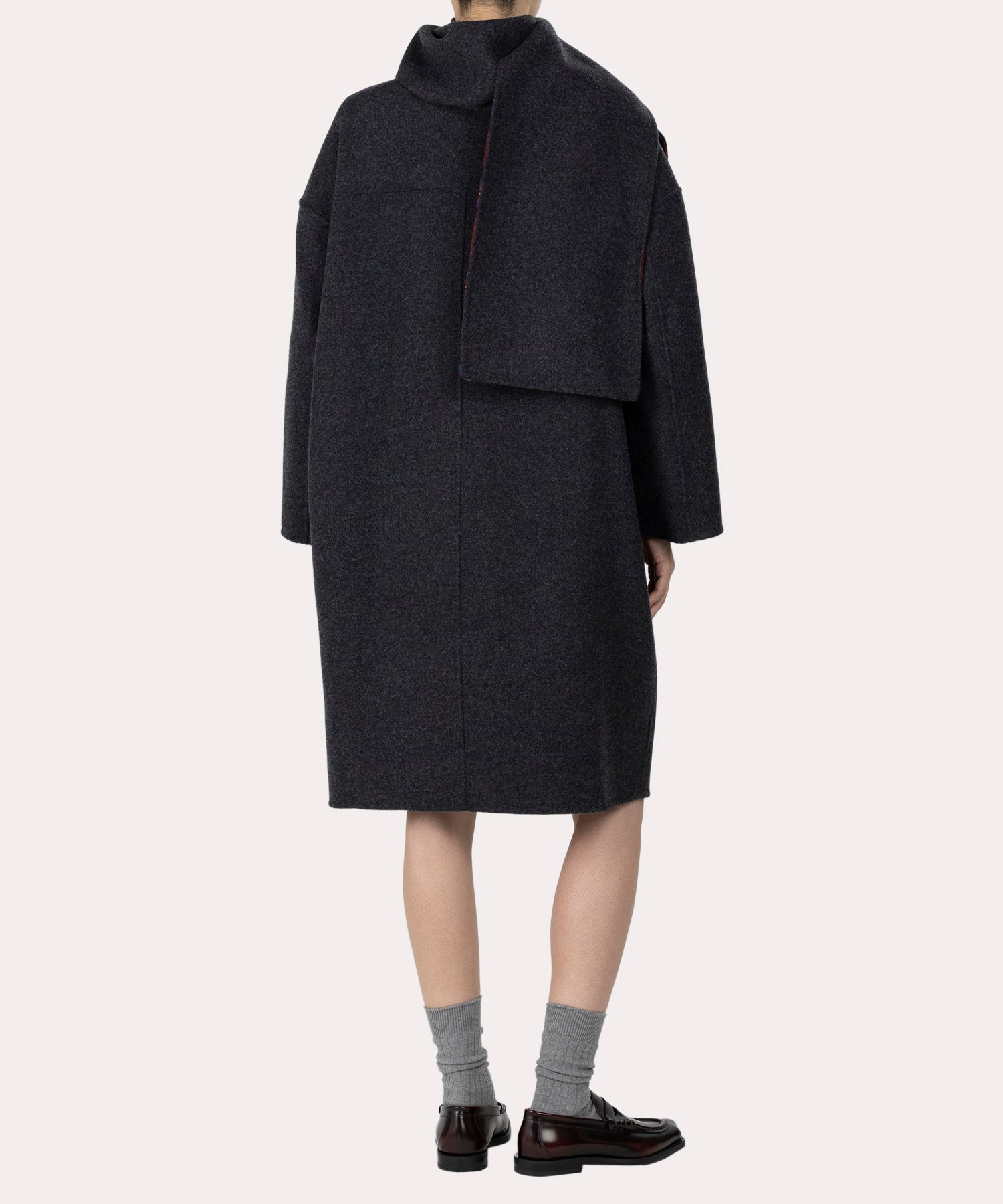 TARTAN CHECK リバーマフラー付きコート(グレー系)（レディース