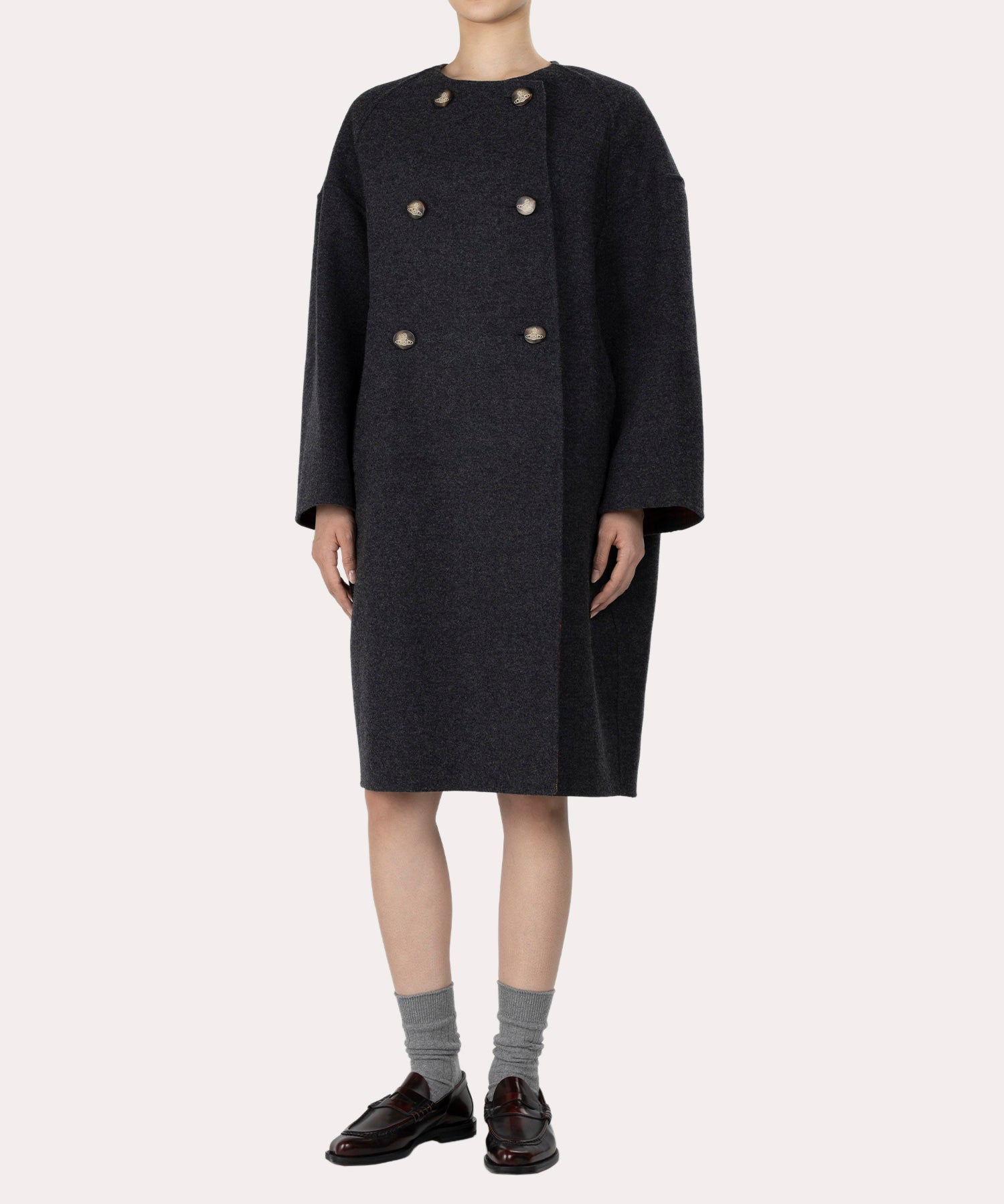 TARTAN CHECK リバーマフラー付きコート(グレー系)（レディース