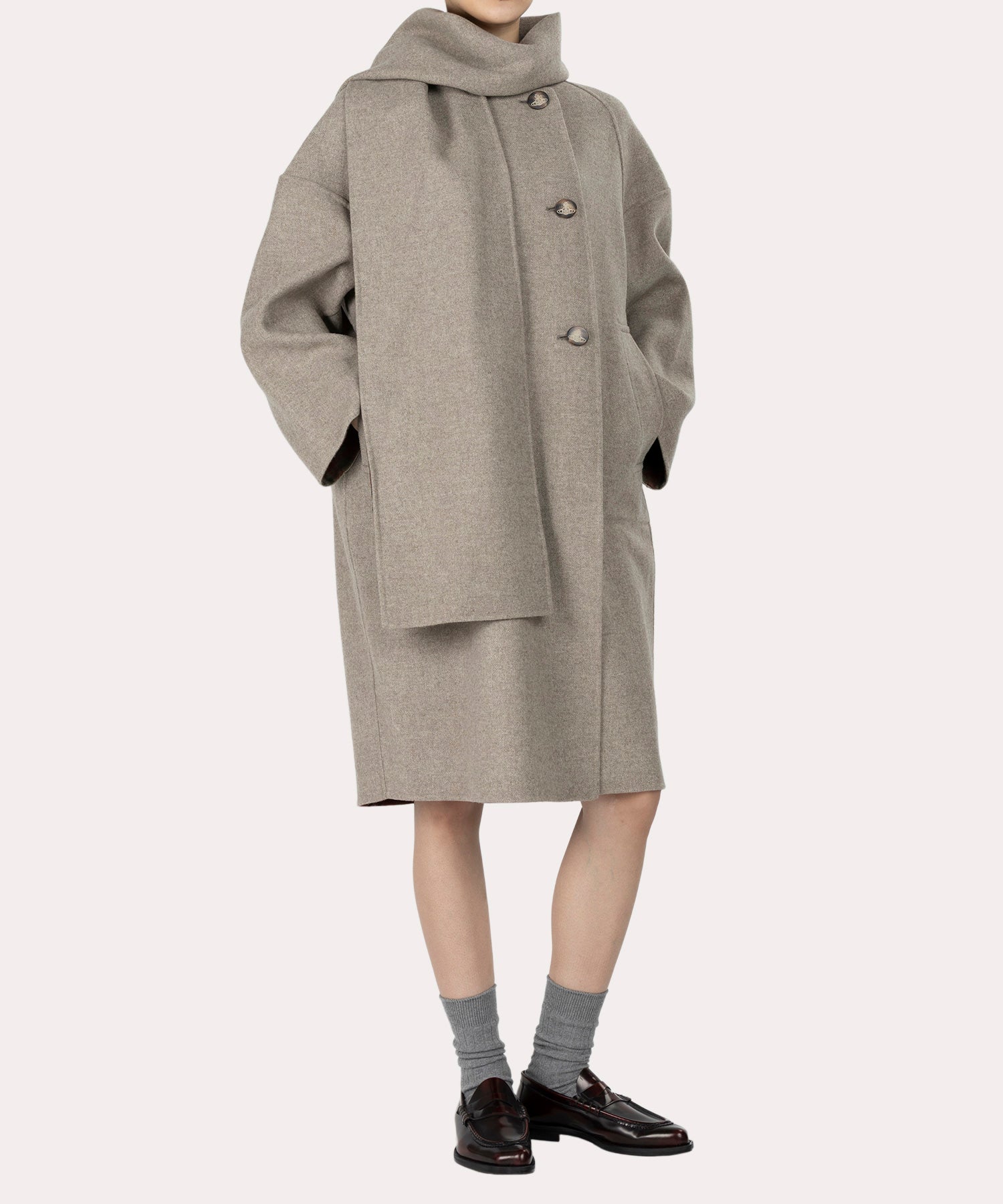 TARTAN CHECK リバーマフラー付きコート(ベージュ系)（レディース