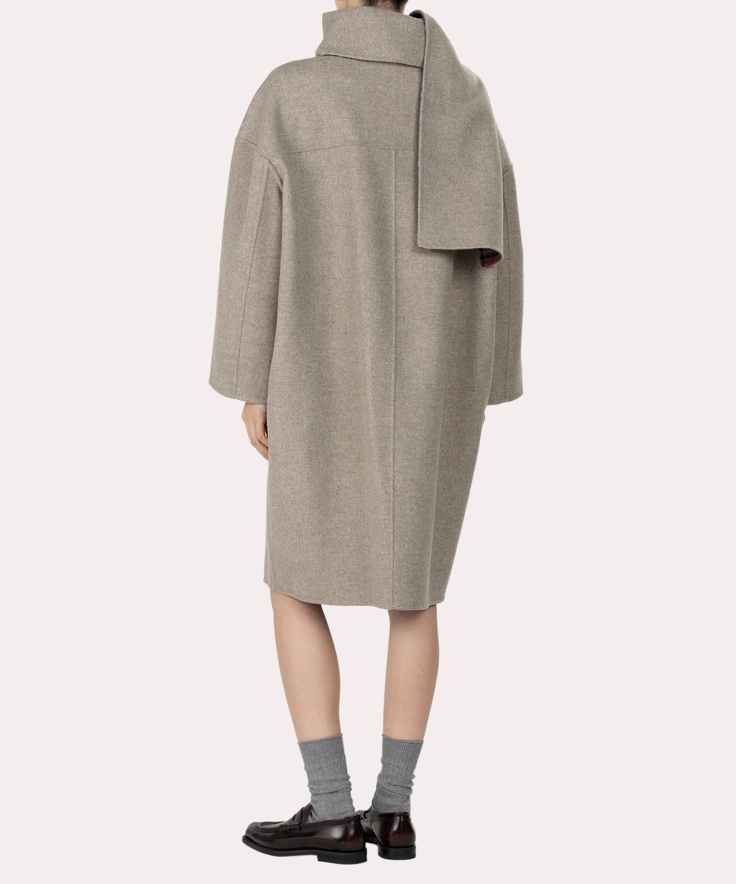 TARTAN CHECK リバーマフラー付きコート(ベージュ系)（レディース