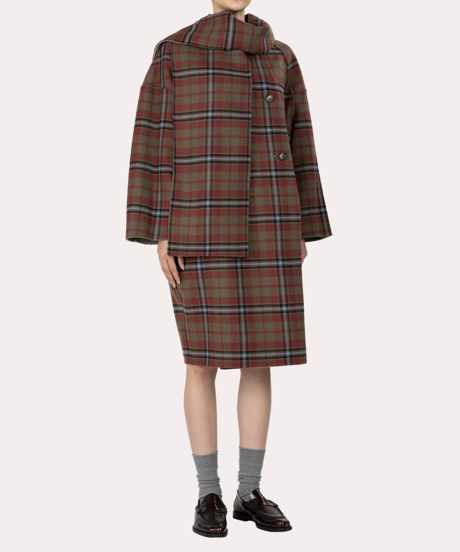 TARTAN CHECK リバーマフラー付きコート(ベージュ系)（レディース