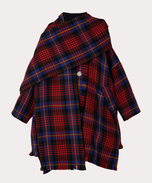 チェックフリンジ マフラー付きコート(ネイビー)（レディース