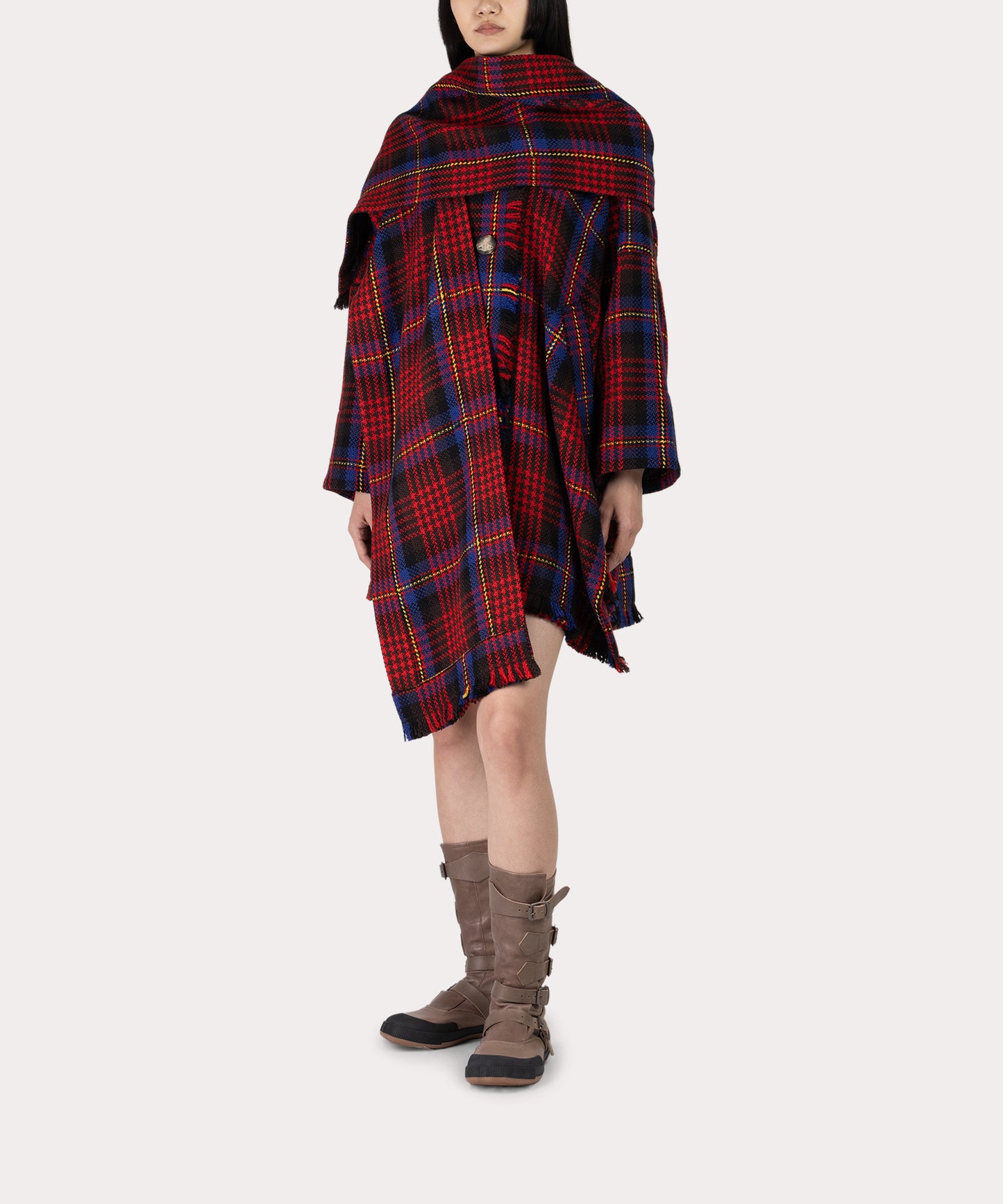 チェックフリンジ マフラー付きコート