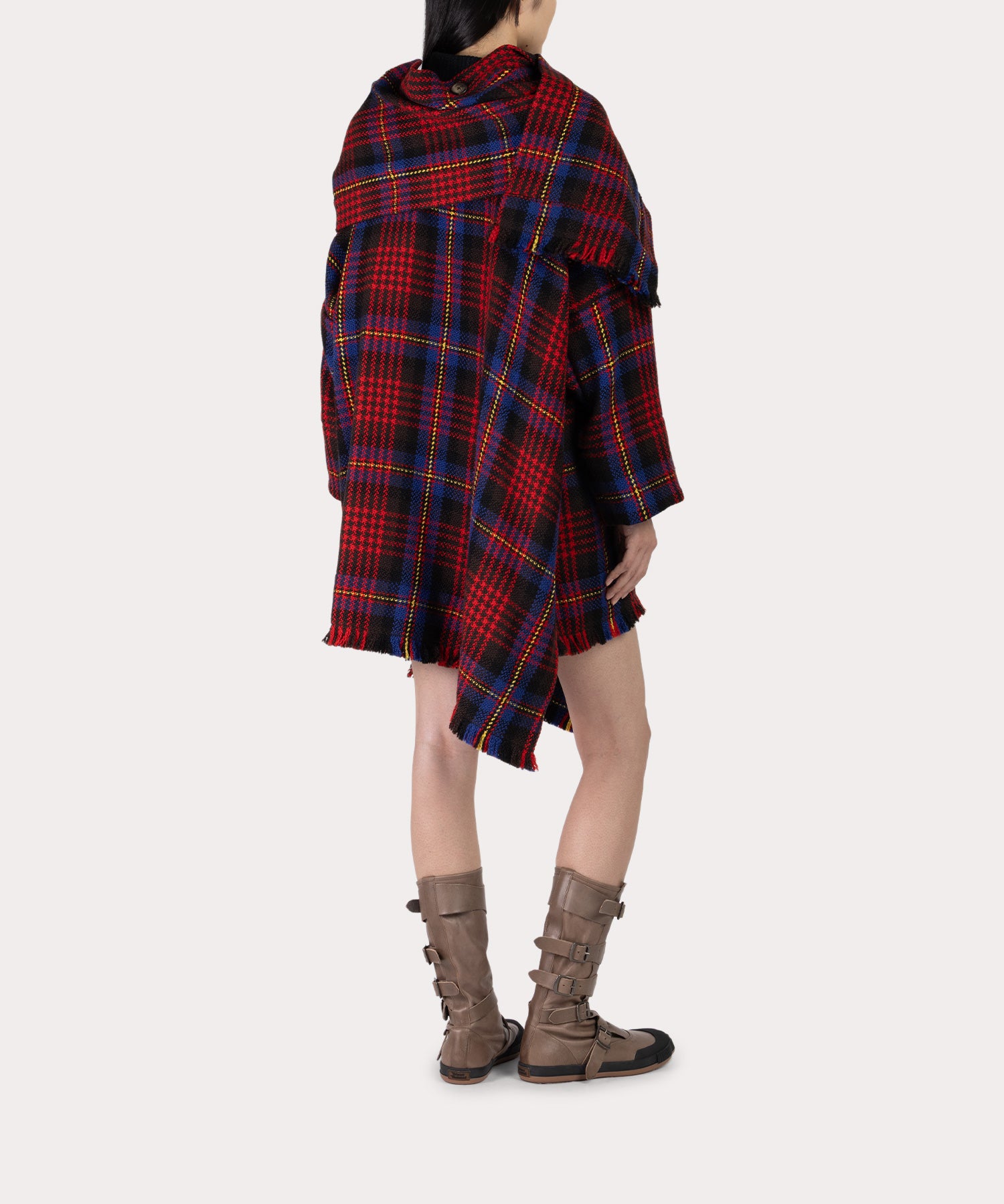 チェックフリンジ マフラー付きコート