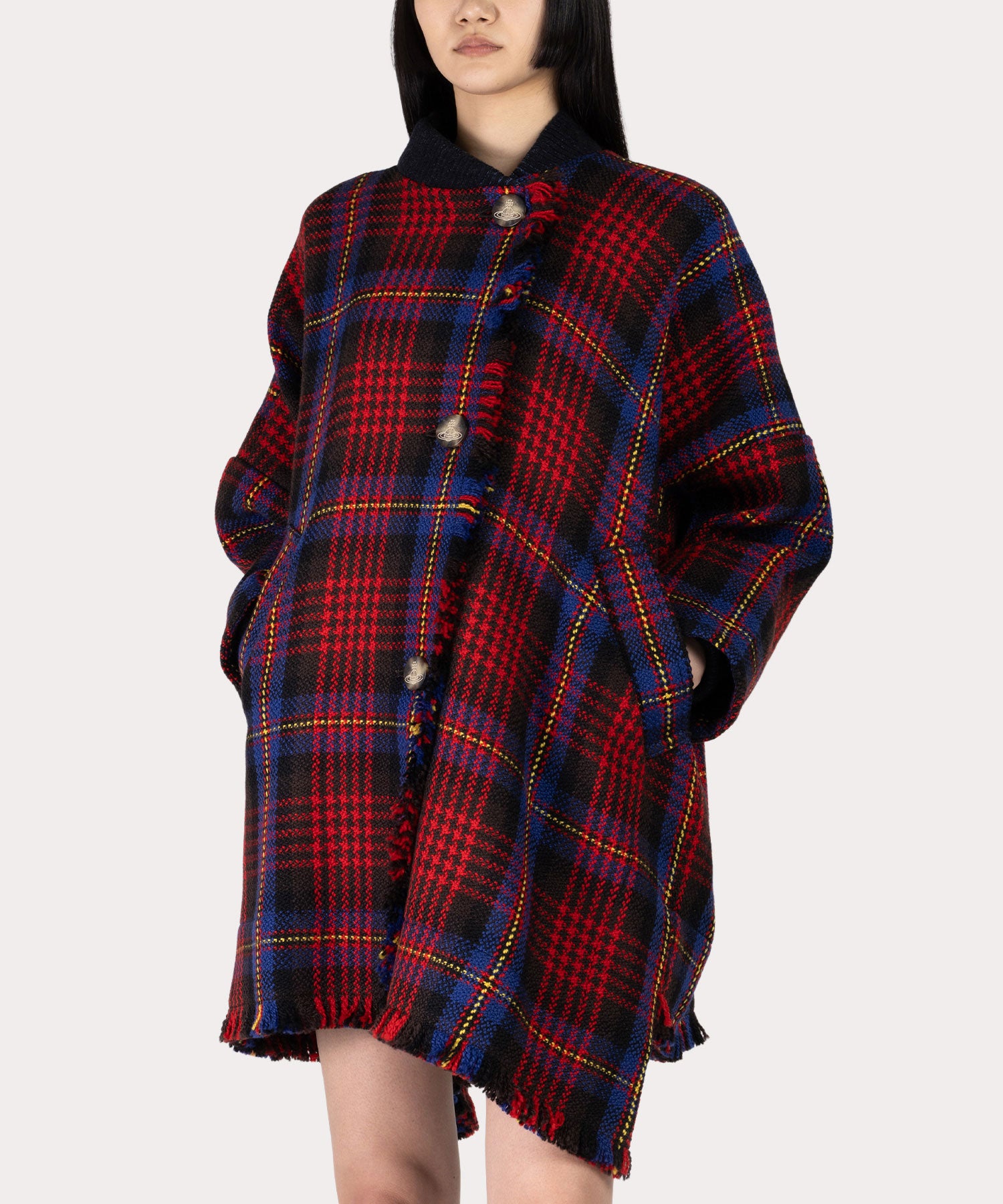 チェックフリンジ マフラー付きコート