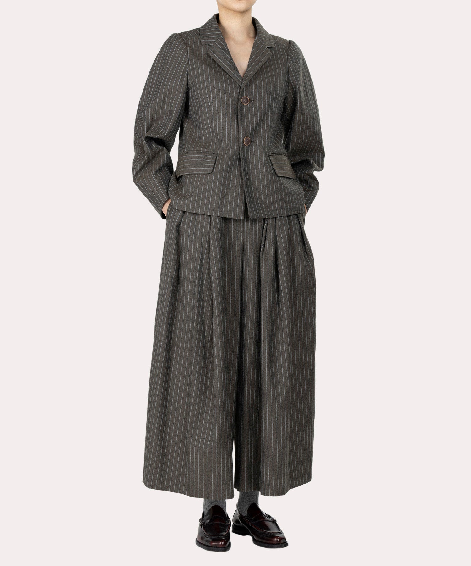 カスリストライプ タックスーパーワイドトラウザーズ(カーキ系